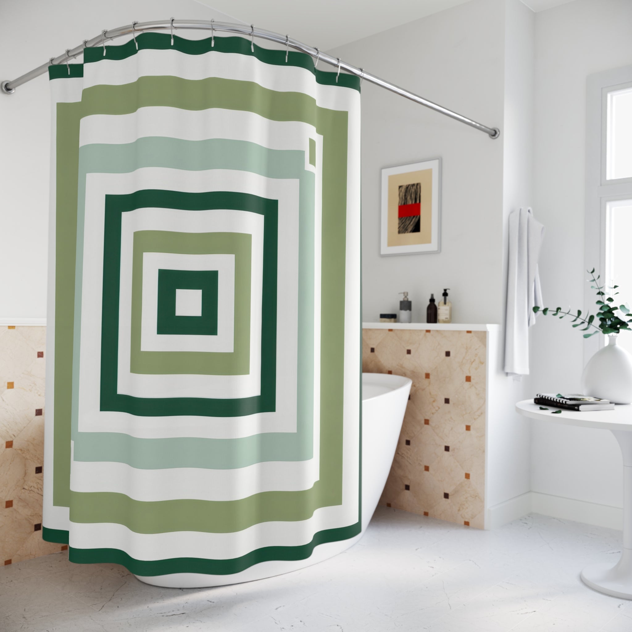 Geometric Shower Curtain, Green White Square Bath Decor, Concentric Sage Pattern, Modern Guest Bathroom Decor, Optical Green Style