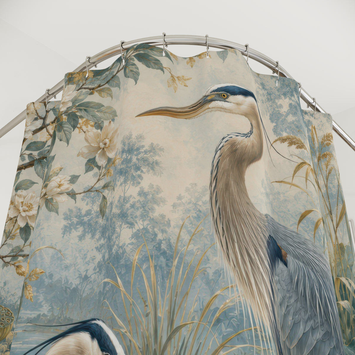 Blue Green Heron Shower Curtain: Lotus Pond Bird