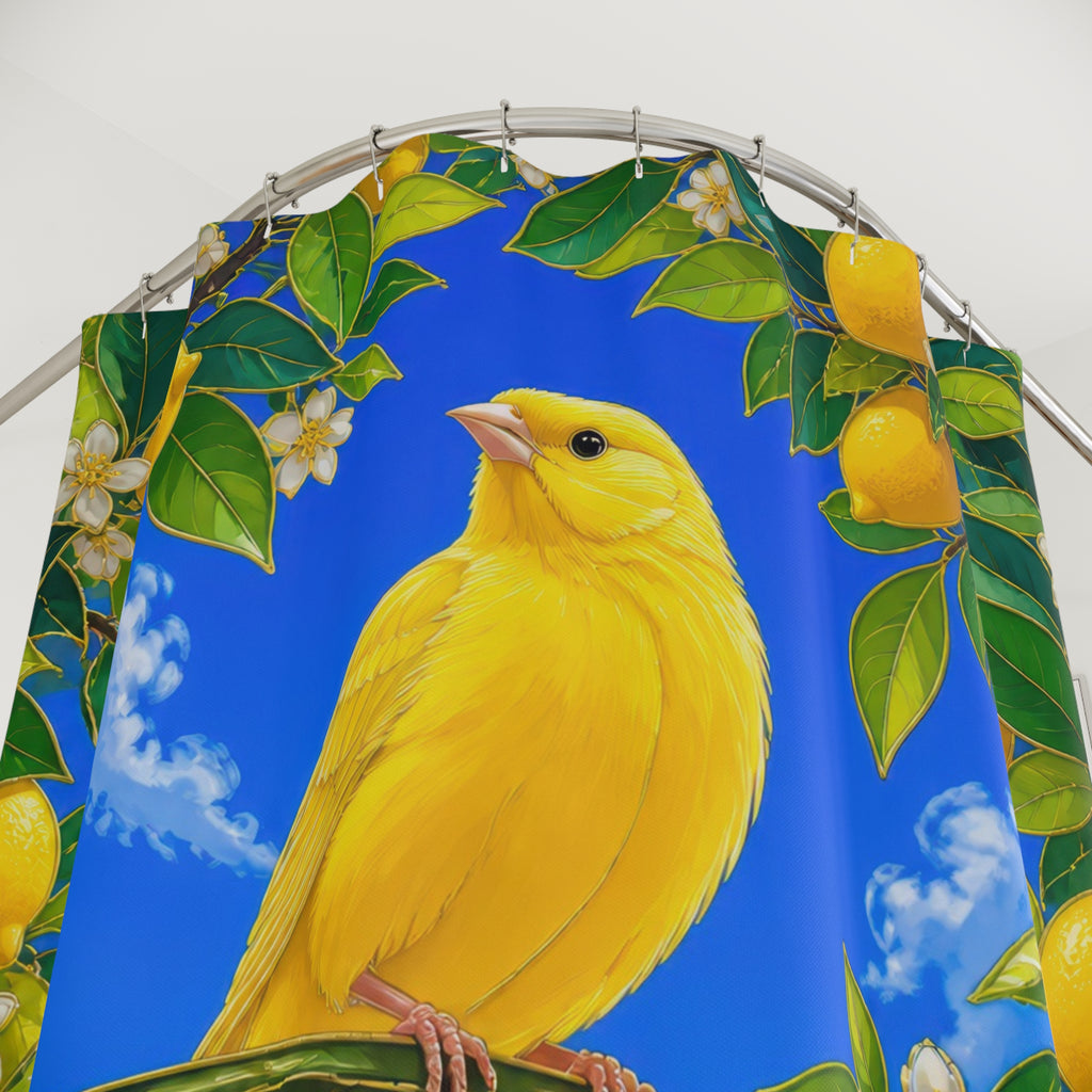 Golden canary beneath lemons and blossoms on cobalt blue shower curtain with close-up print, hooks, and folds