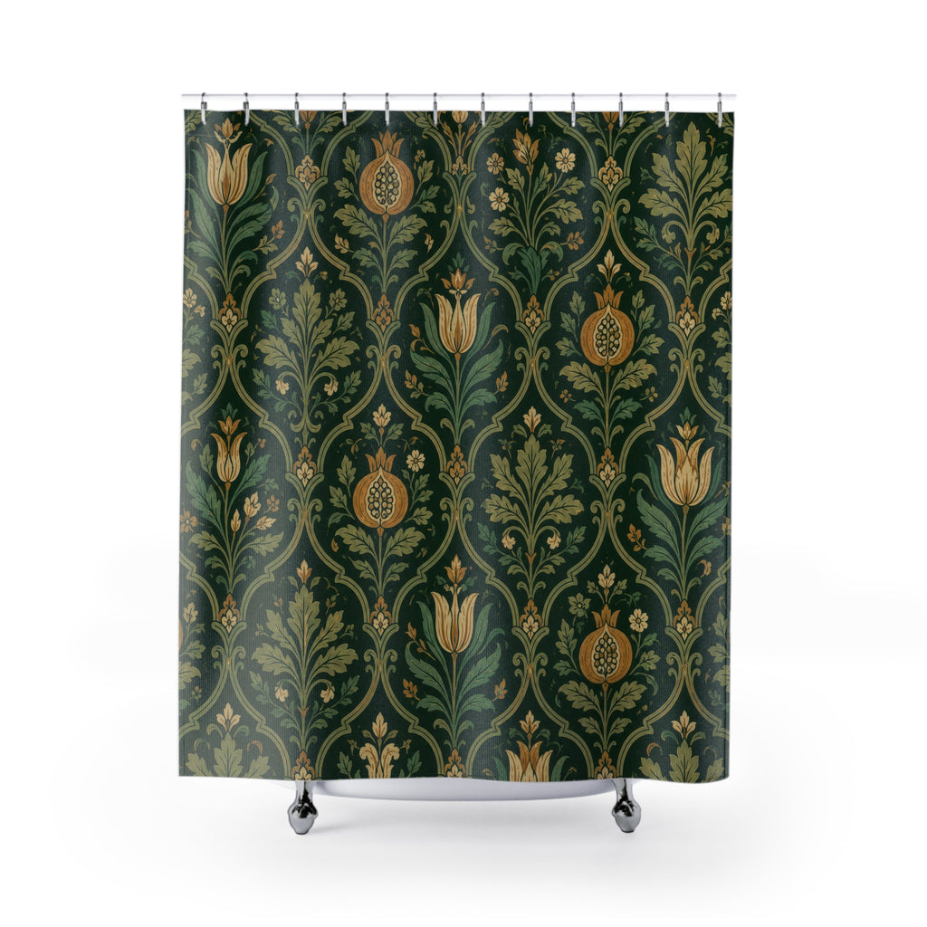 Dark green Jacobean ogee floral shower curtain with full front view