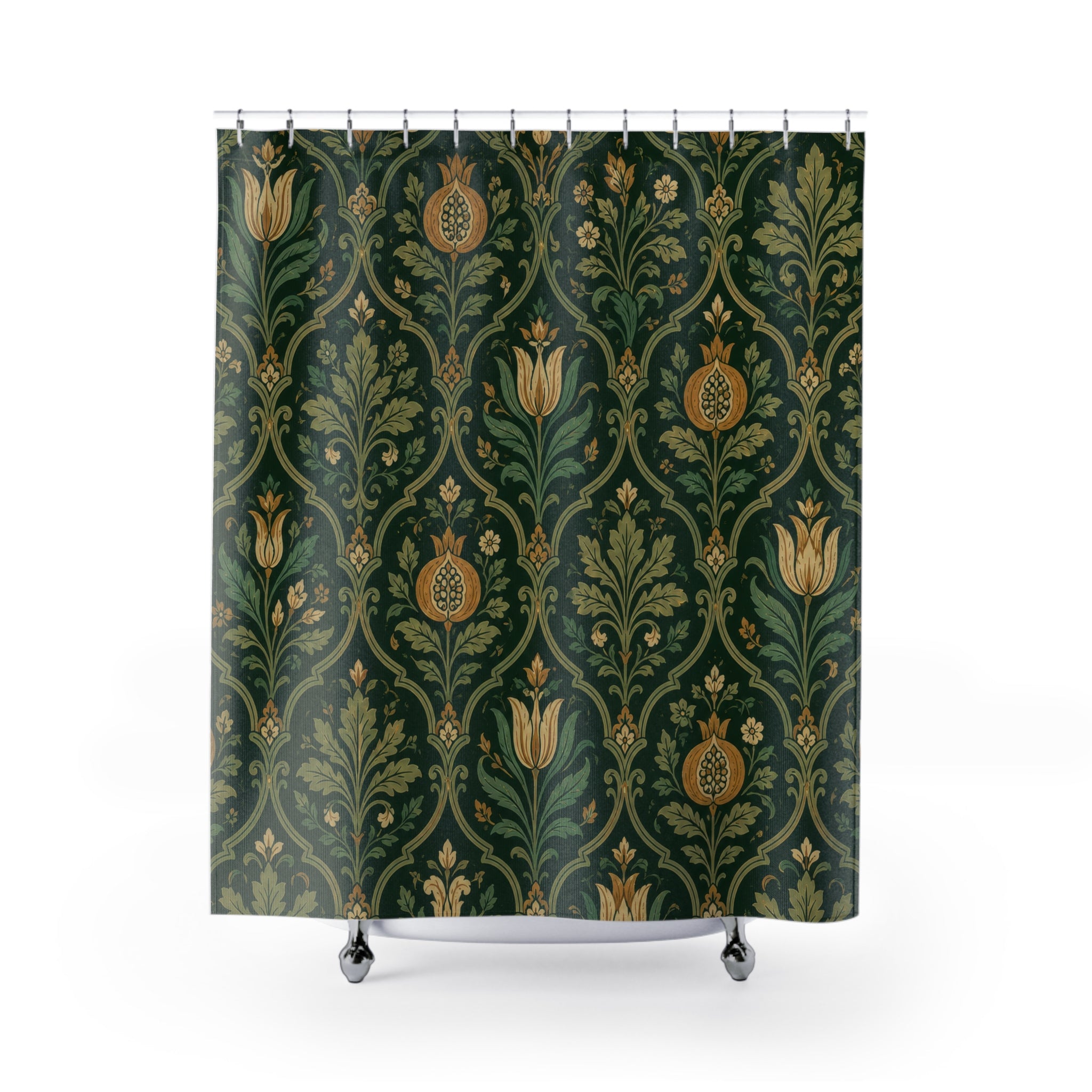 Dark green Jacobean ogee floral shower curtain with full front view