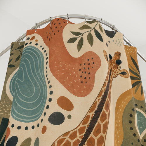 Abstract Safari Animal boho giraffe shower curtain with close-up print, hooks, and folds