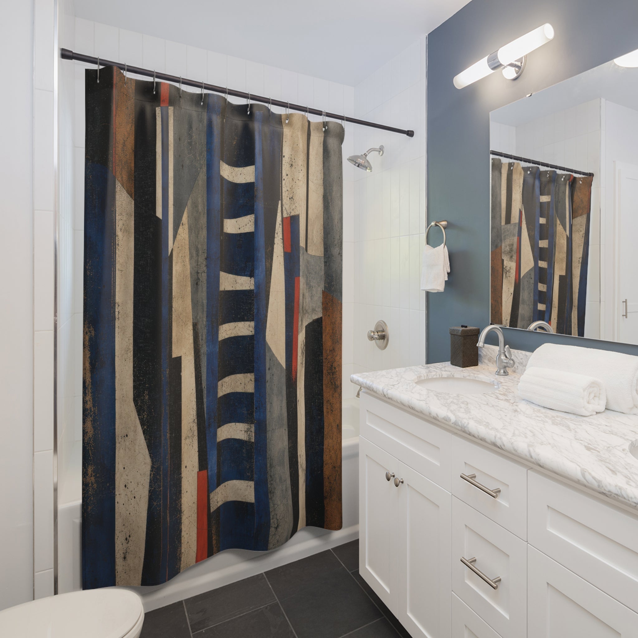 Geometric Shower Curtain, Navy Blue Abstract Architecture, Rust Beige Modern Art, Art Deco Bath Decor, Graphic Guest Bathroom, Bold Bath