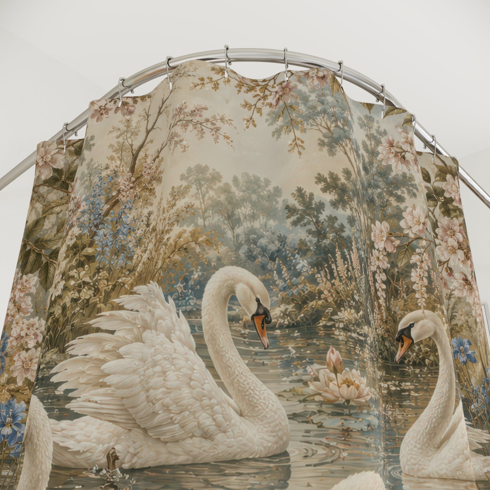 Swan Shower Curtain: Ivory Floral Pond
