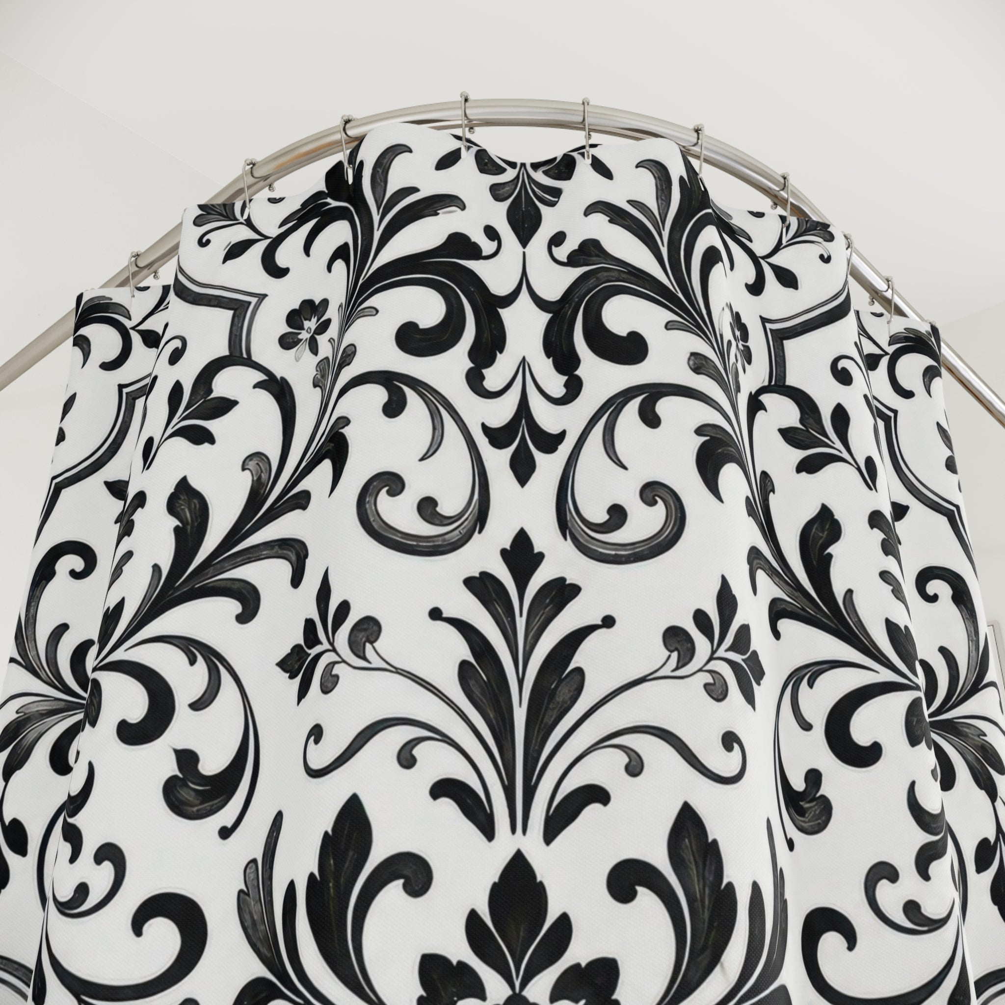 Black White Damask Floral Botanical Scroll Vintage Shower Curtain