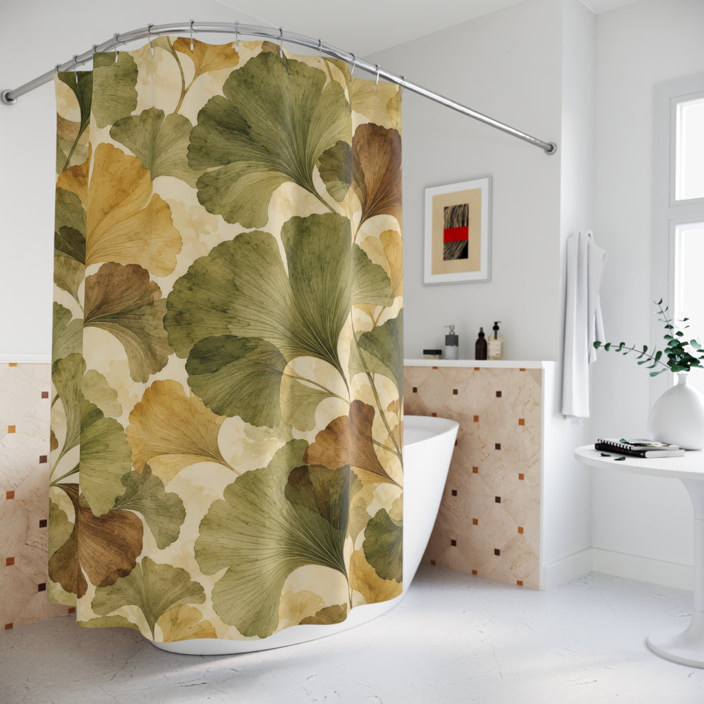 Olive and ochre ginkgo fans with brown leaves shower curtain beside a freestanding tub
