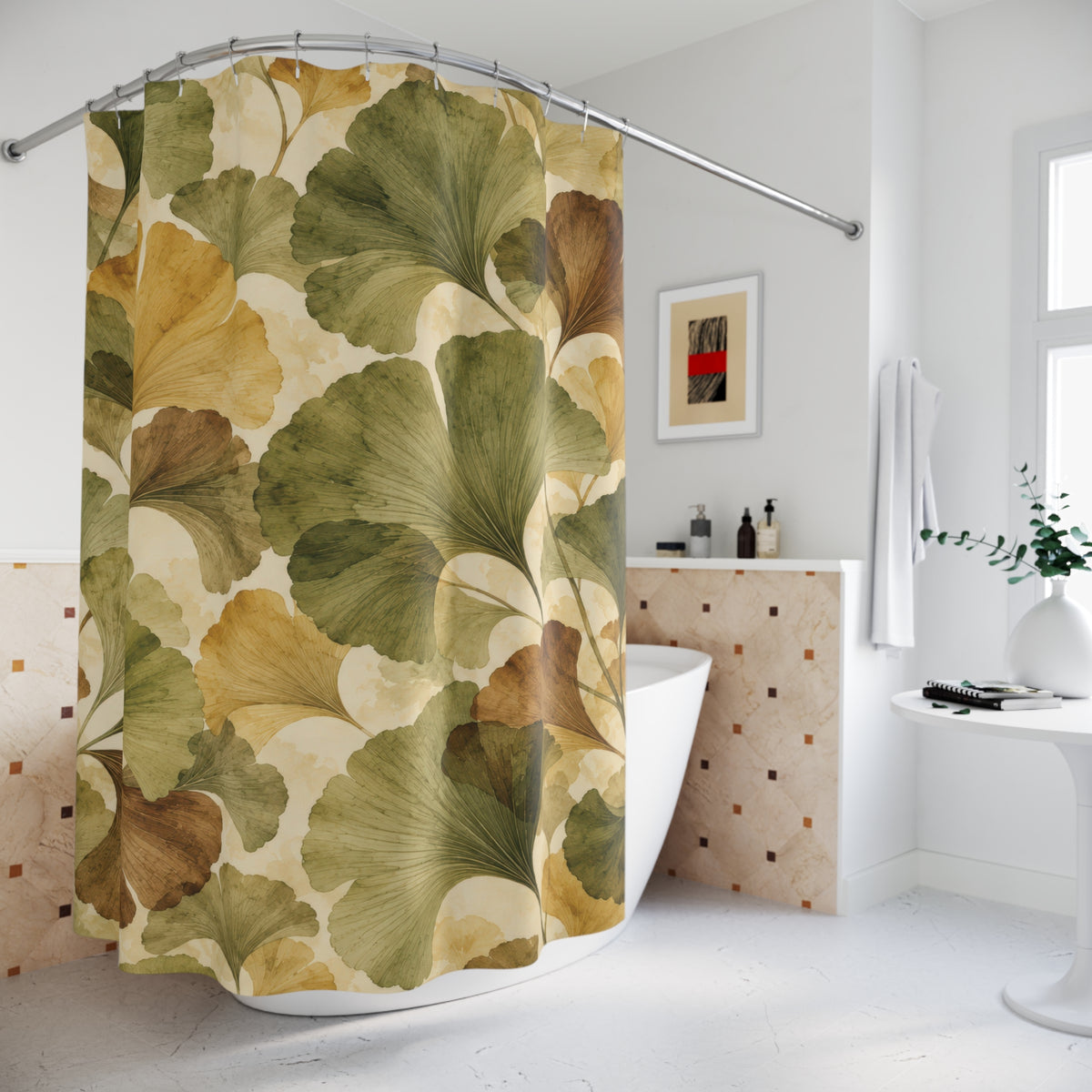 Olive and ochre ginkgo fans with brown leaves shower curtain beside a freestanding tub