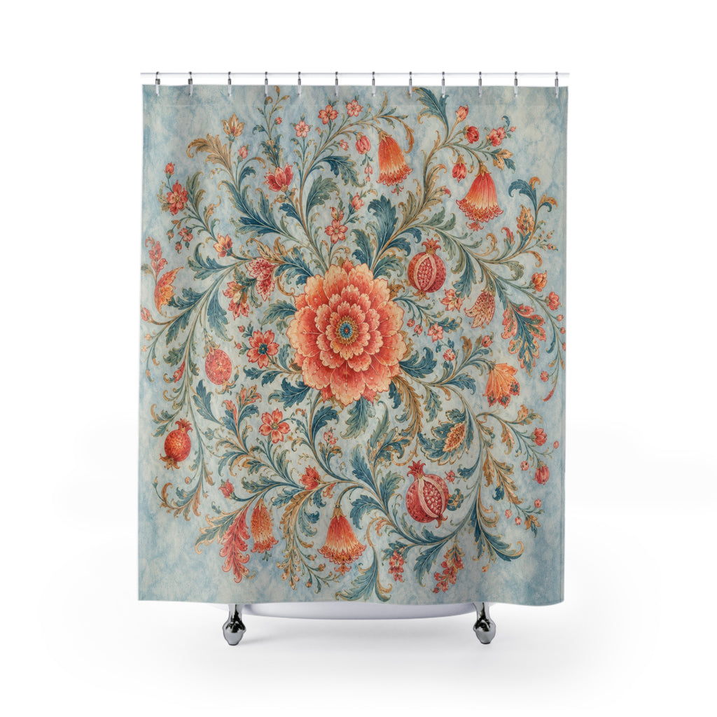 Airy blue pink Jacobean floral medallion shower curtain with full front view