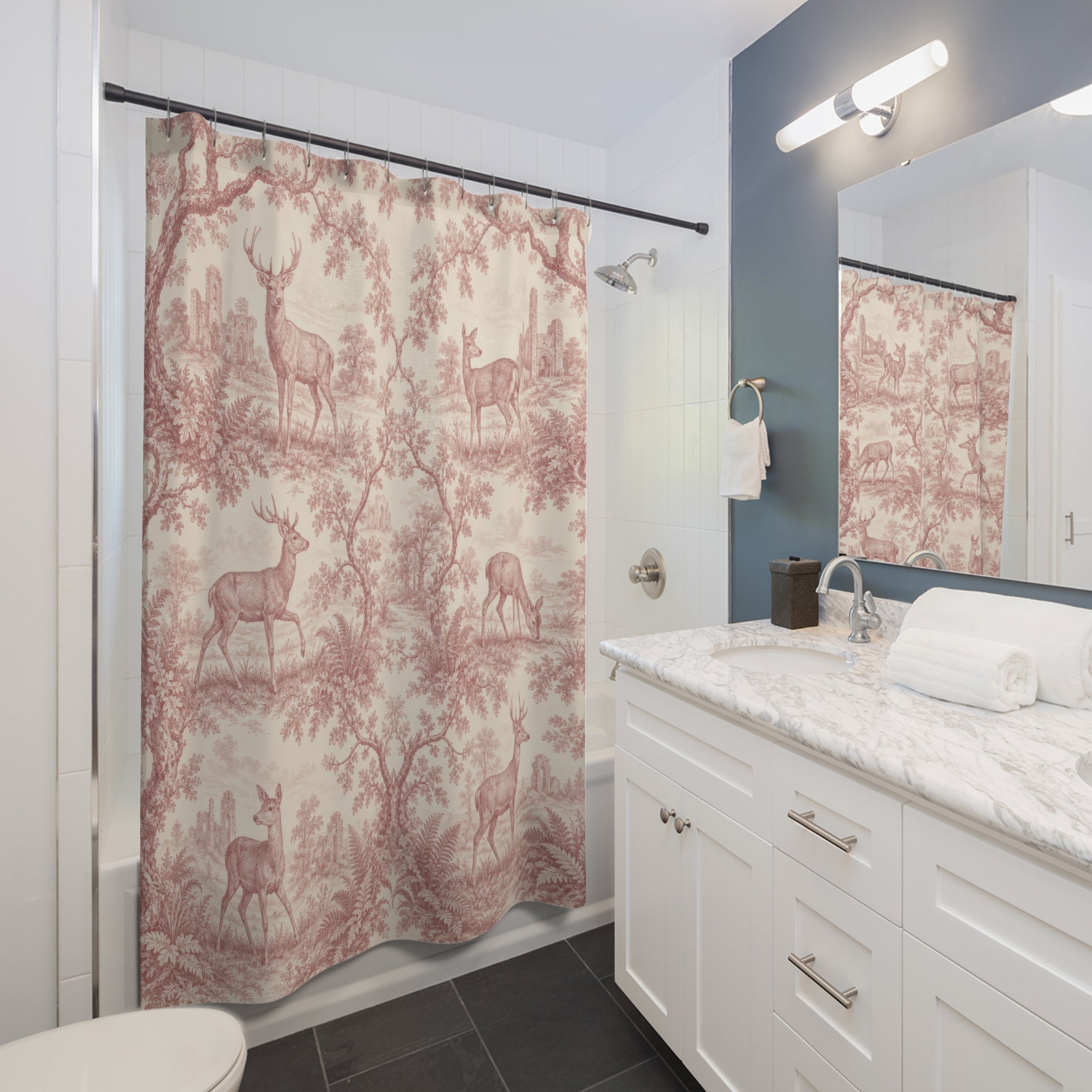 Dusty Rose Deer Toile Shower Curtain