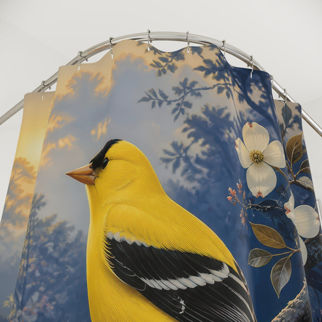 Golden yellow songbird on an indigo branch shower curtain with close-up print, hooks, and folds