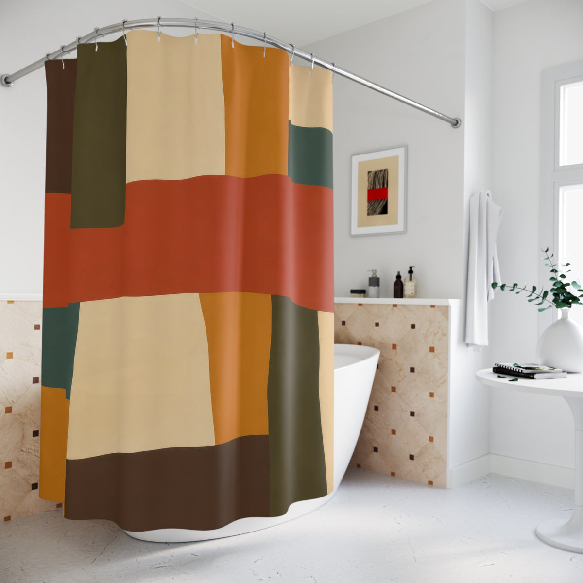 Earth tone interlocking color bands shower curtain beside a freestanding tub