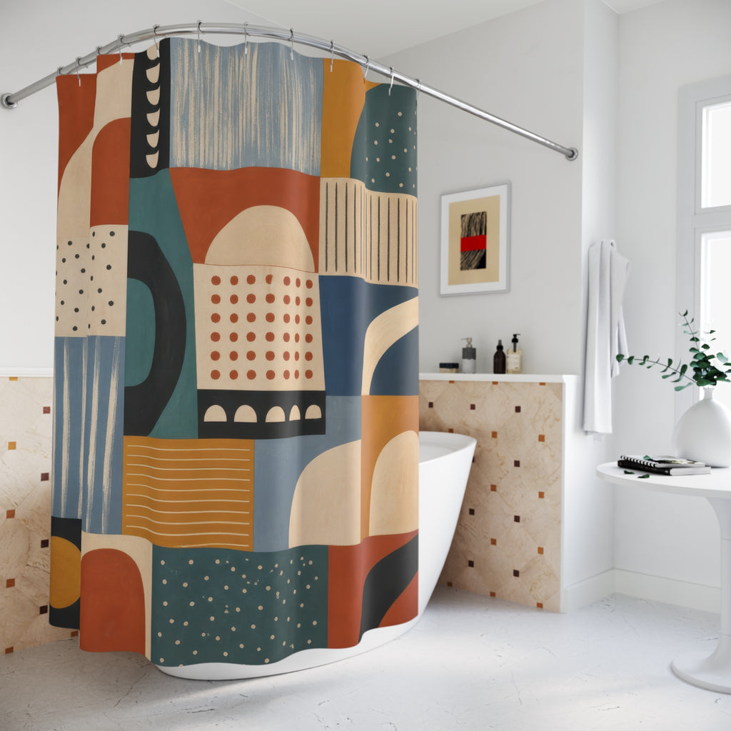 Modernist patchwork color blocks shower curtain beside a freestanding tub