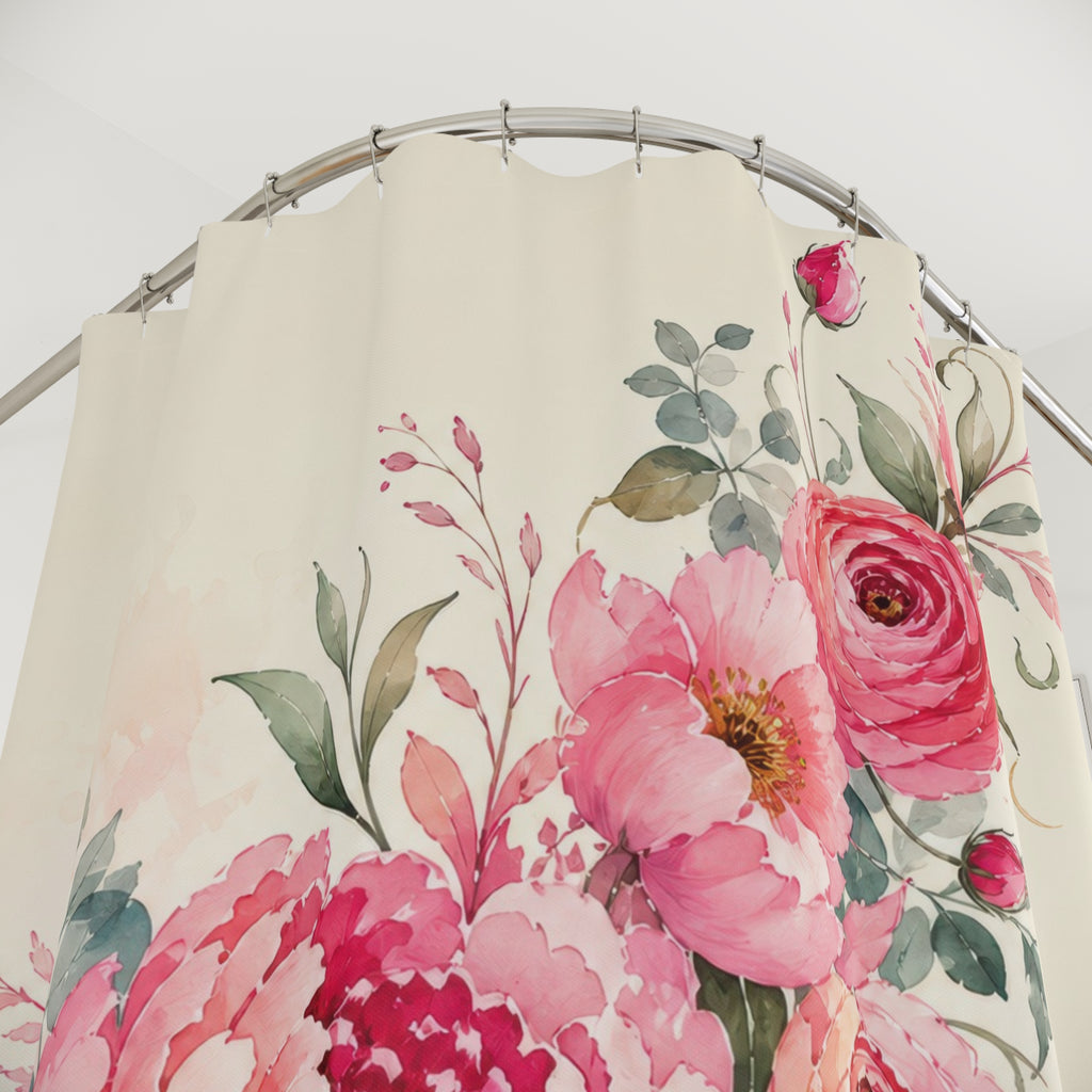 Pink watercolor wildflowers and meadow stems shower curtain with close-up print, hooks, and folds