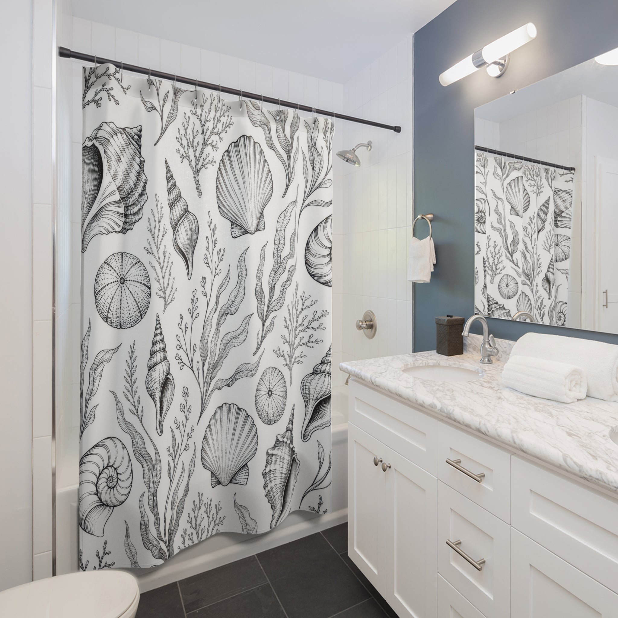 Black White Coastal Coral Shower Curtain