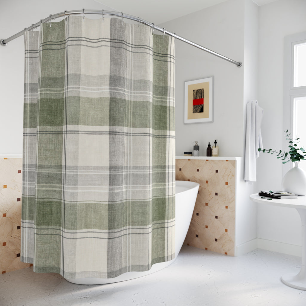 Green Grey Plaid Shower Curtain, Green Grey Classic Bathroom Decor, Plaid Pattern Bath Curtain, Guest Bath Decor, Small Bathroom Decor