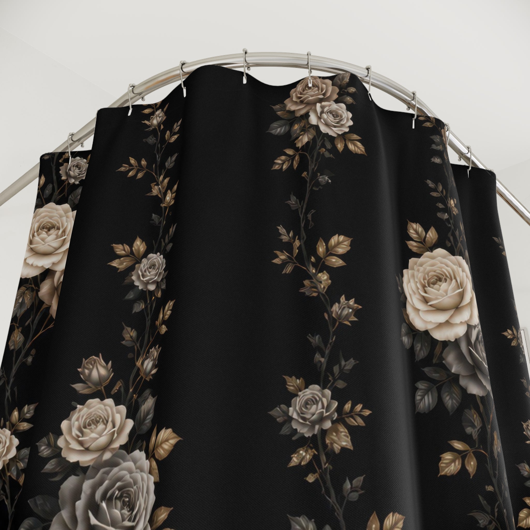 Close-up of Ivory taupe and grey rose garland columns on deep black shower curtain with hooks and folds