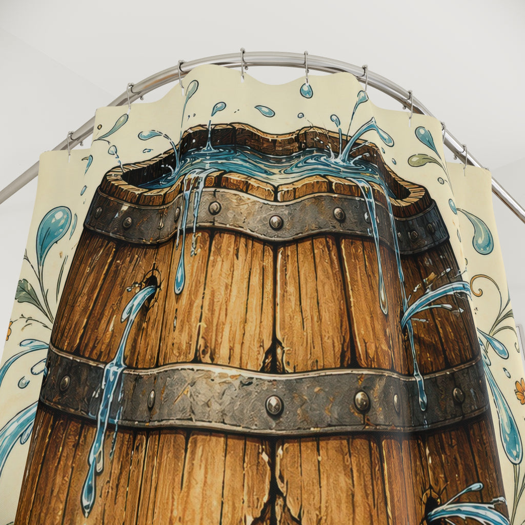 Unique Barrel Shower Curtain, Rustic Water Fountain Art, Blue Folk Floral Bathroom Decor, Farmhouse Guest Bath Rustic Gift For Home