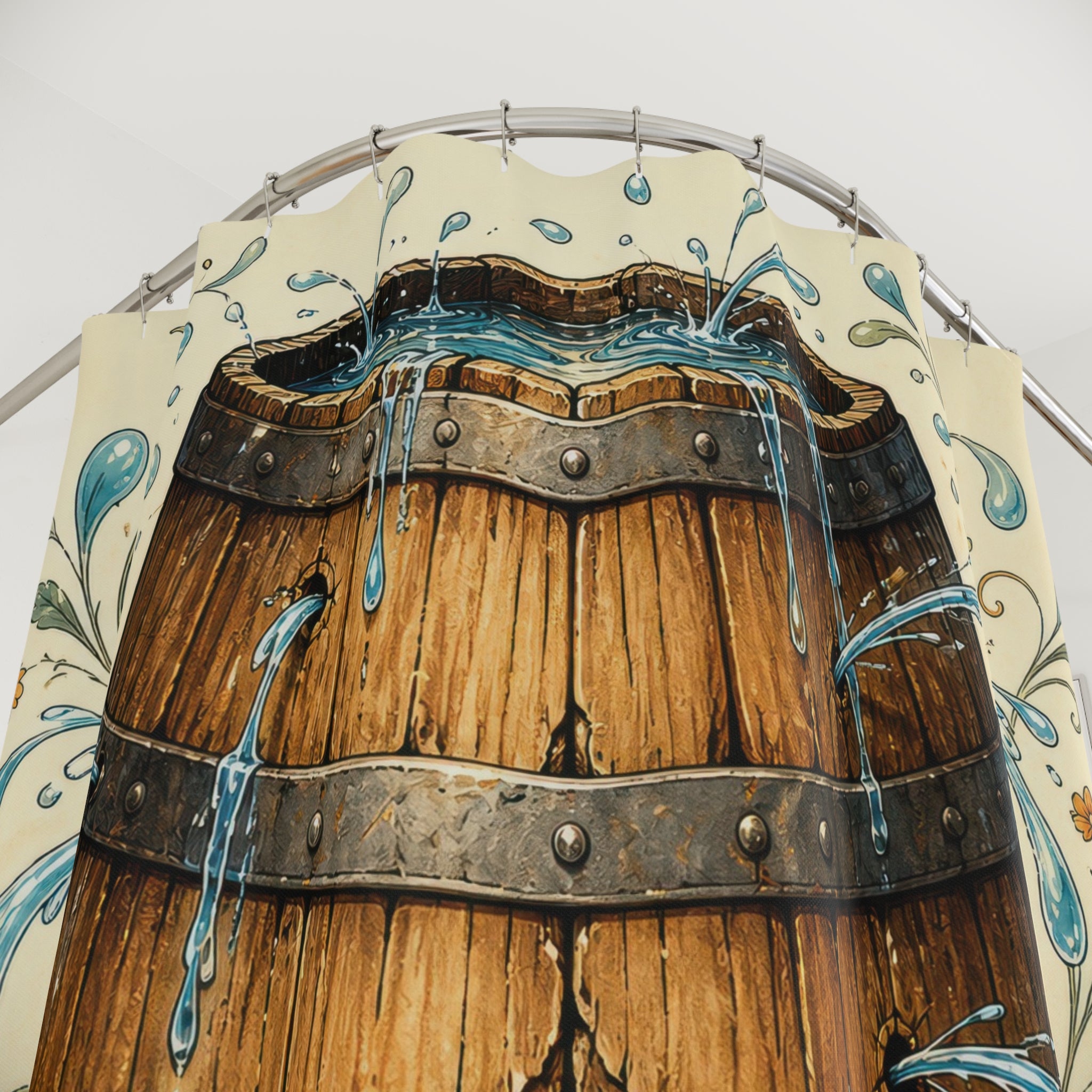 Unique Barrel Shower Curtain, Rustic Water Fountain Art, Blue Folk Floral Bathroom Decor, Farmhouse Guest Bath Rustic Gift For Home