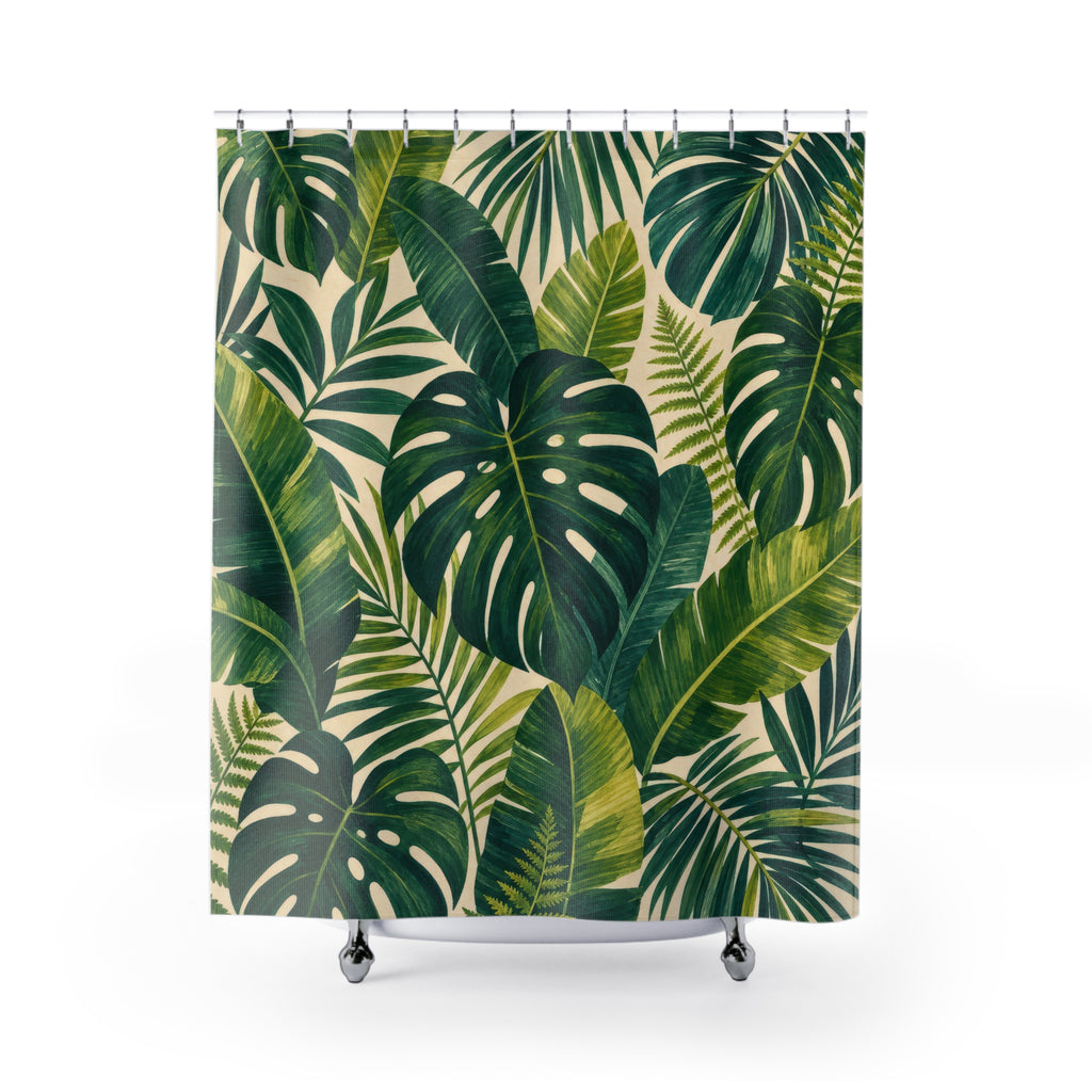 Tropical Shower Curtain, Monstera Palm Leaf Pattern, Green Botanical Bathroom Decor, Lush Tropical Green Wall Decor Guest Bath Wall Gift