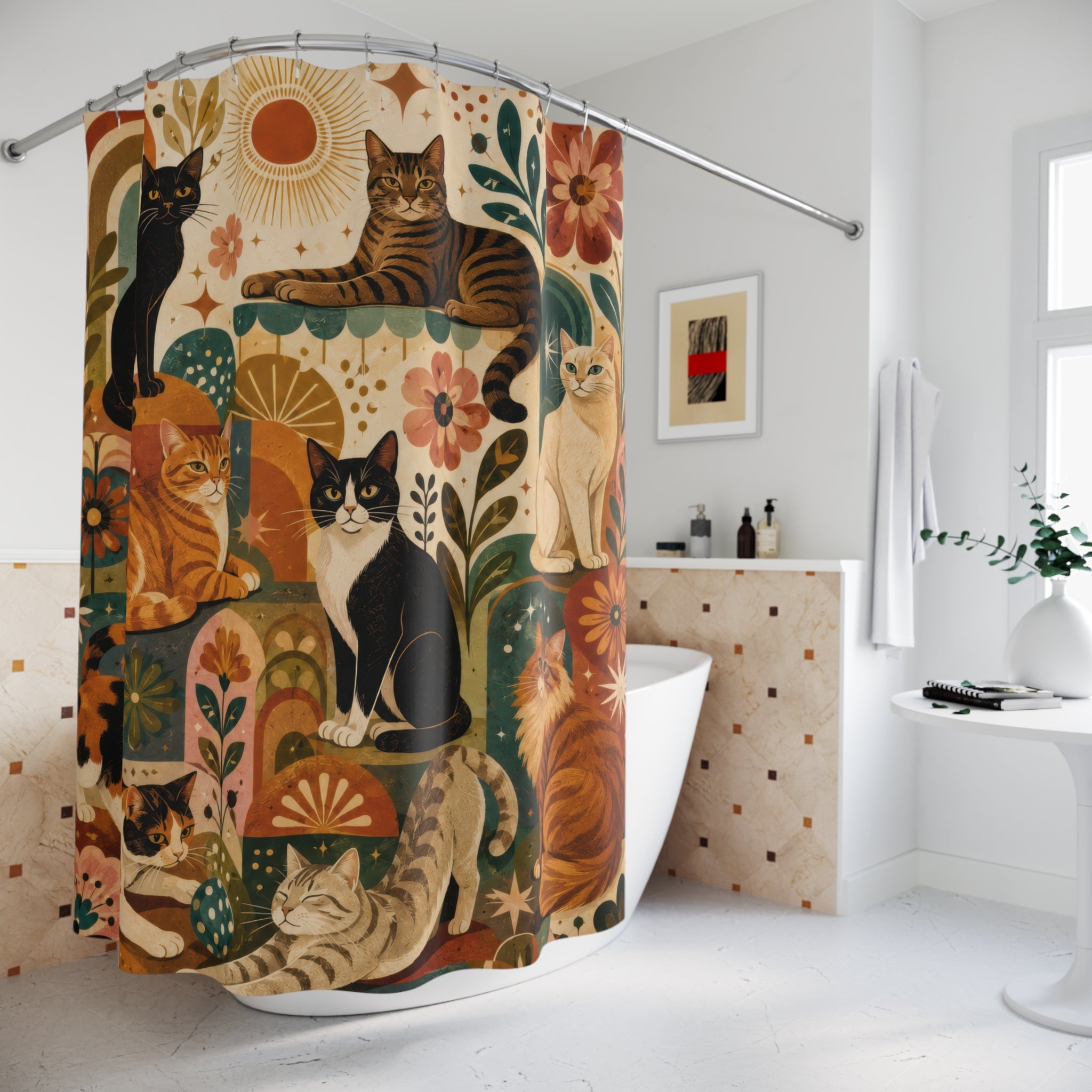 Retro Cat Floral Shower Curtain