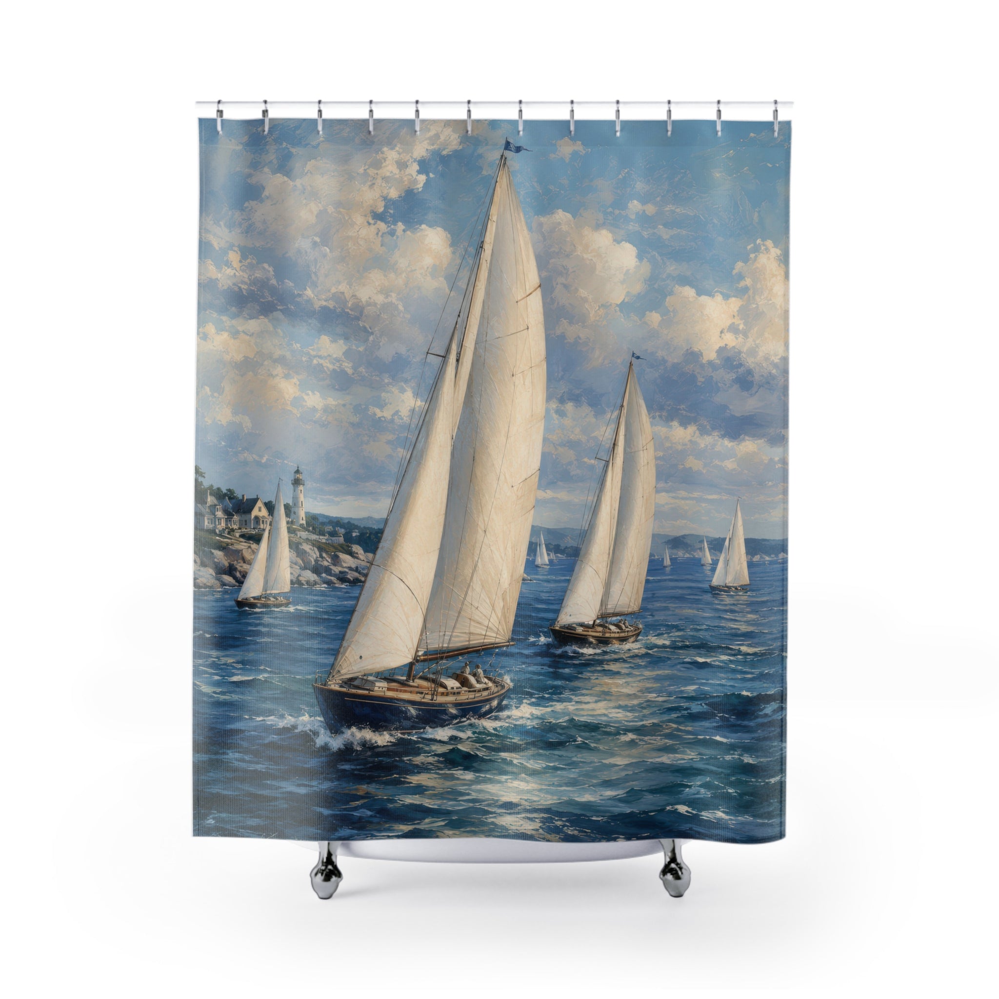 Sailboat Shower Curtain: Navy Coastal Seascape