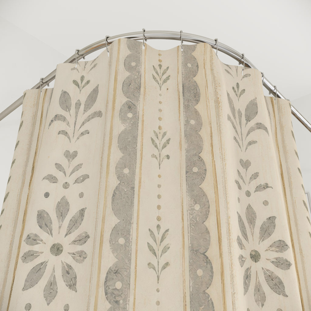 Beige Botanical Stripe Farmhouse Shower Curtain