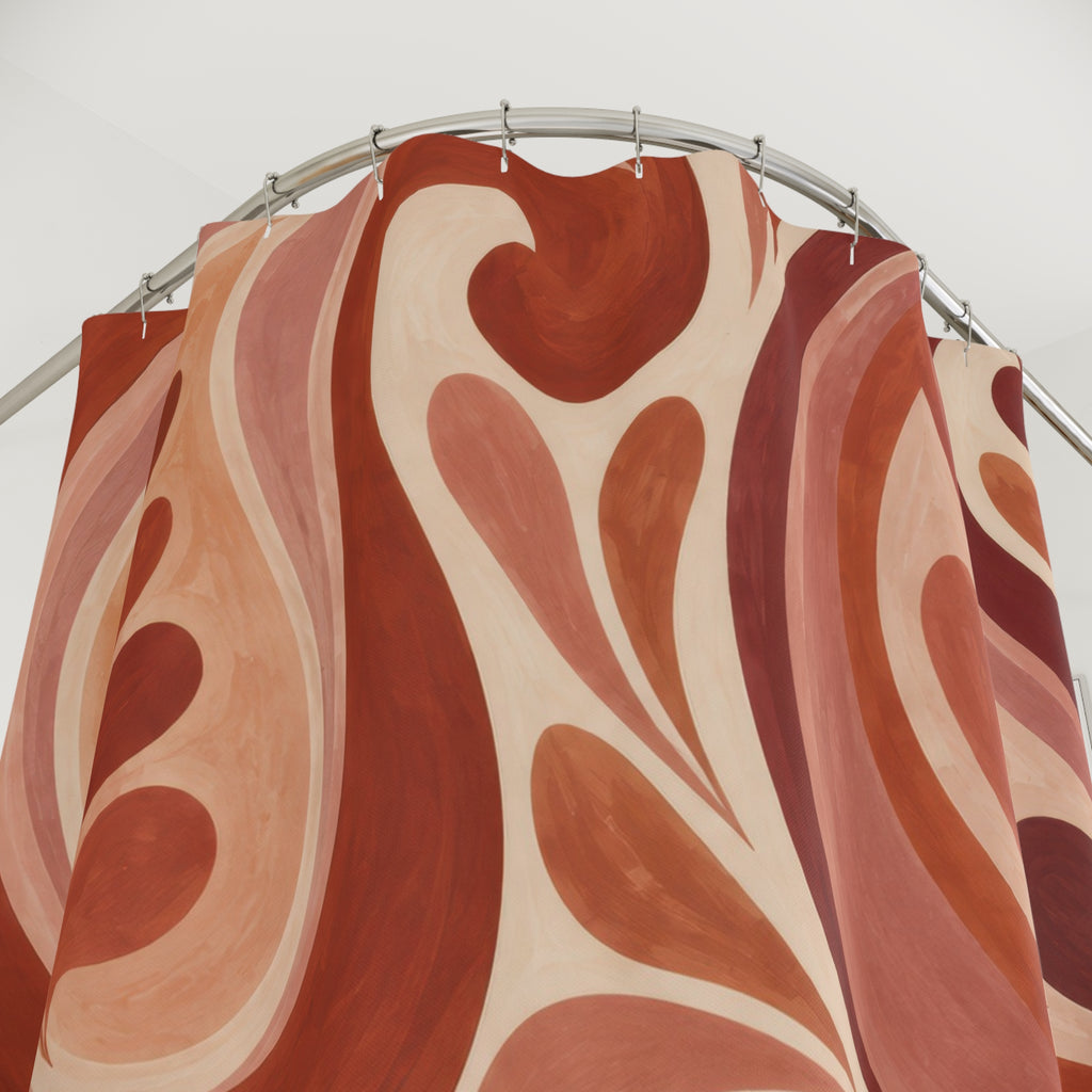Oversized terracotta, blush and wine paisley curls shower curtain with close-up print, hooks, and folds