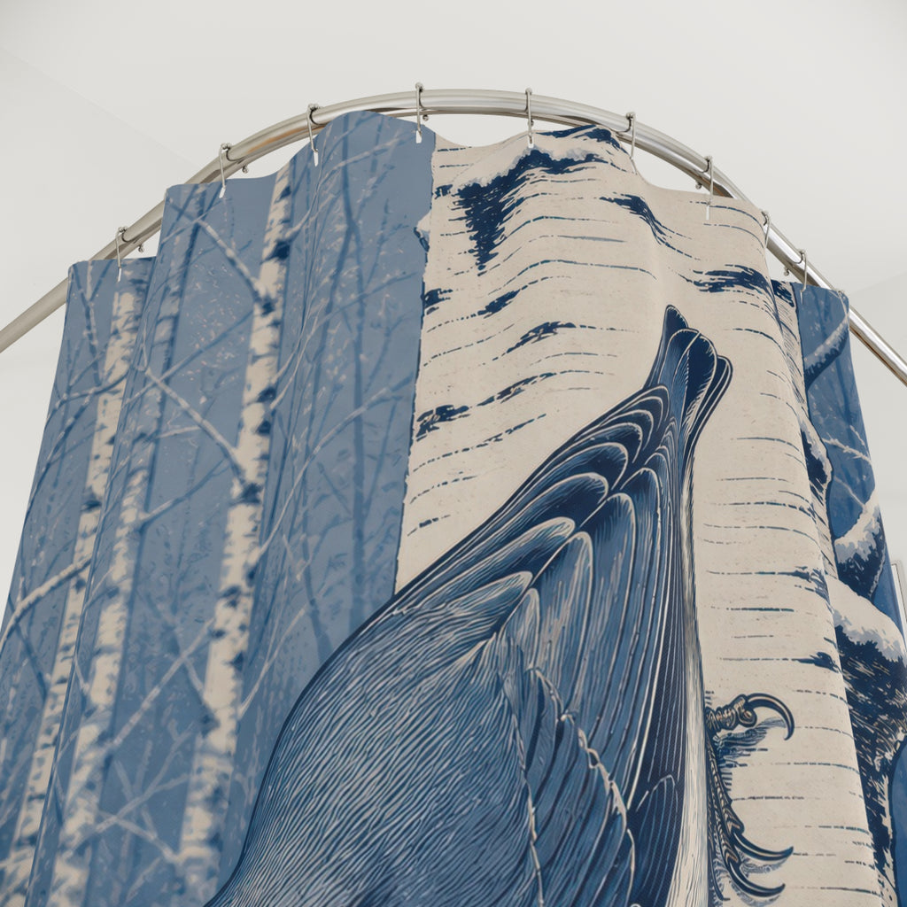 Blue nuthatch on snowy birch shower curtain with close-up print, hooks, and folds