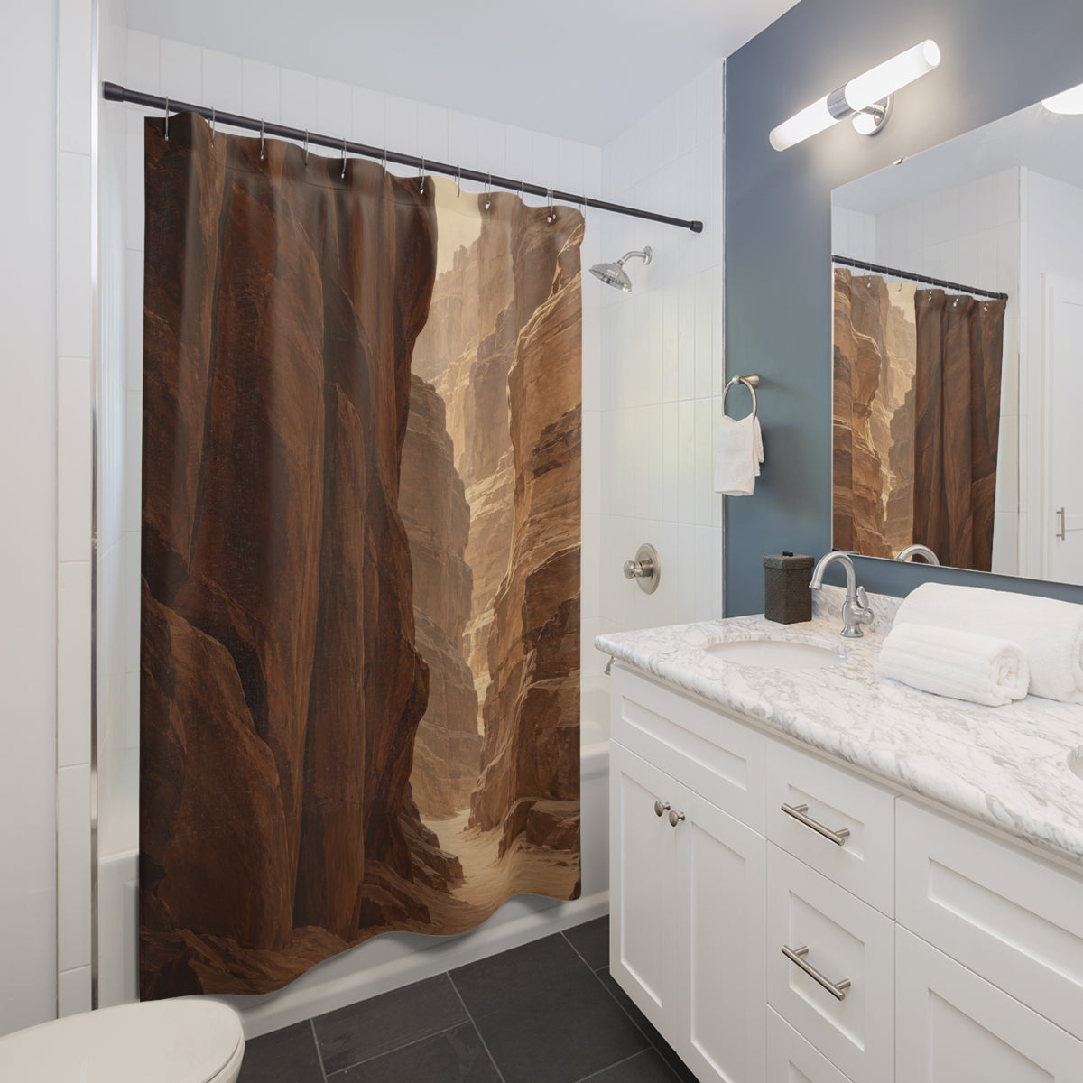 Chestnut canyon cliffs beside a winding sandy passage shower curtain beside a white vanity