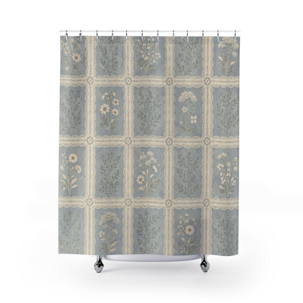 Farmhouse Floral Tile Blue Shower Curtain