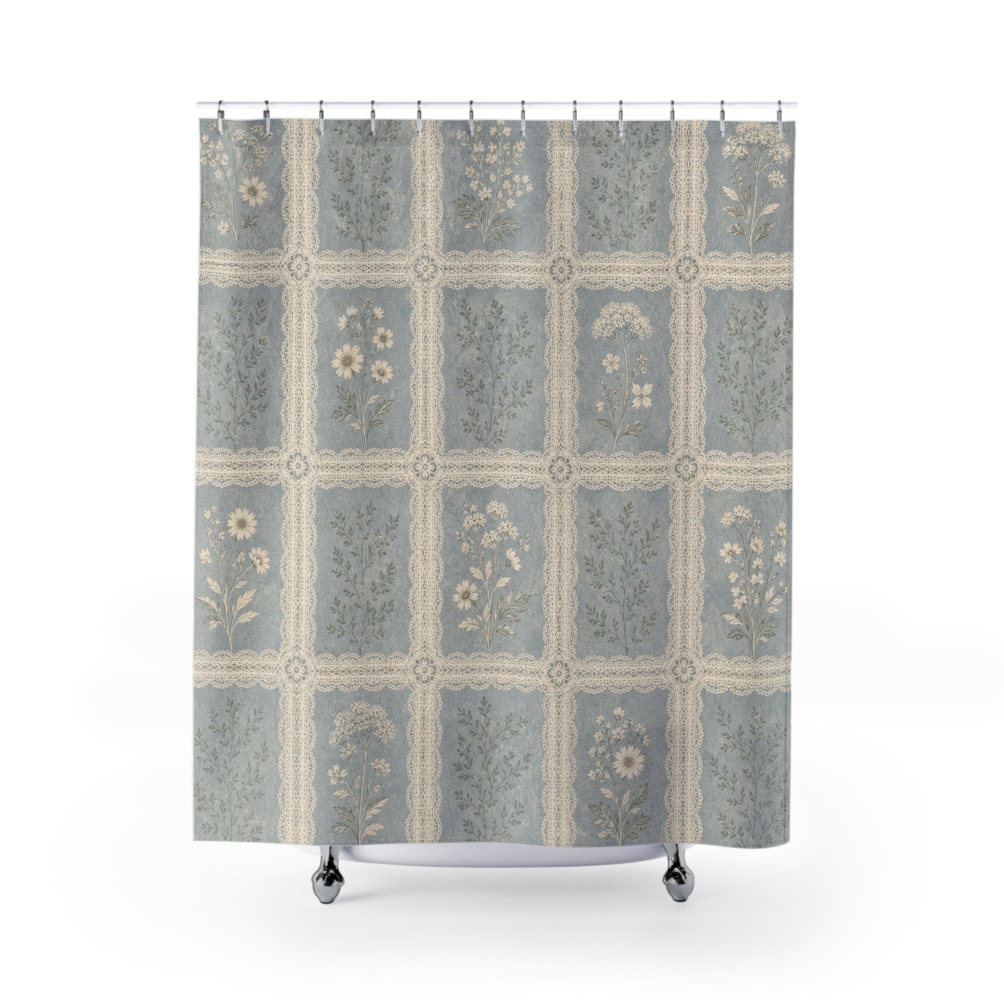 Farmhouse Floral Tile Blue Shower Curtain