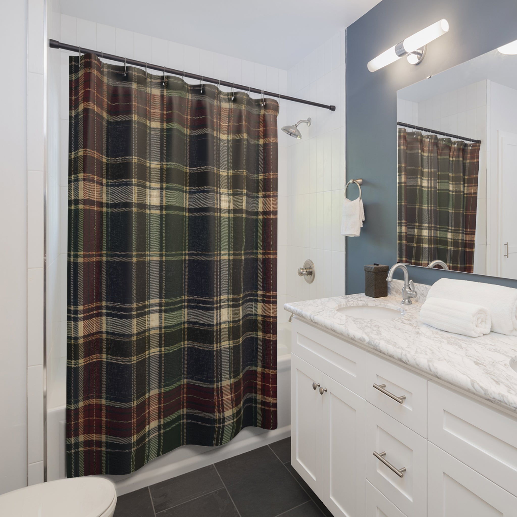 Plaid Shower Curtain: Green Navy Burgundy Tartan Pattern