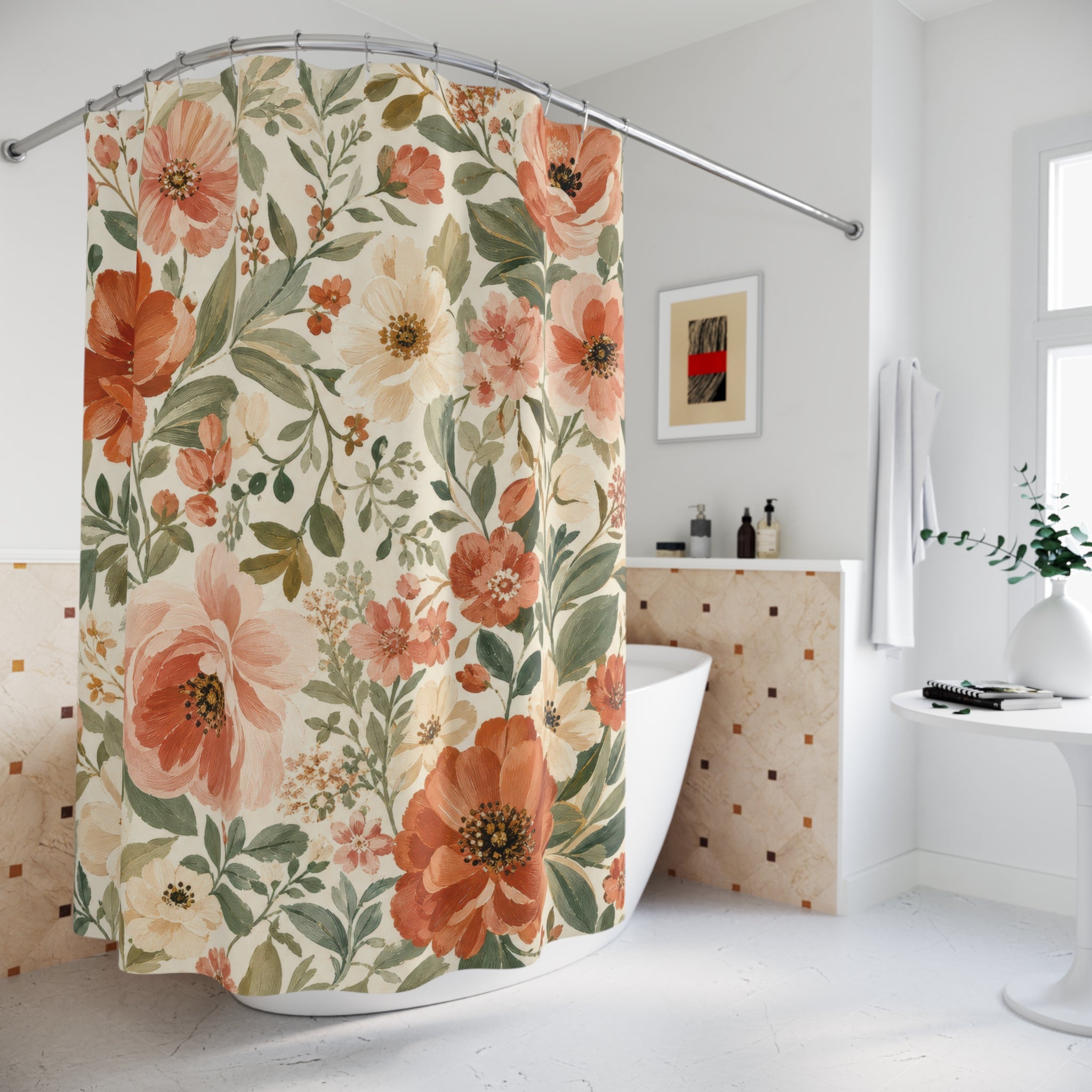 Peach Coral Poppy Garden Floral Shower Curtain