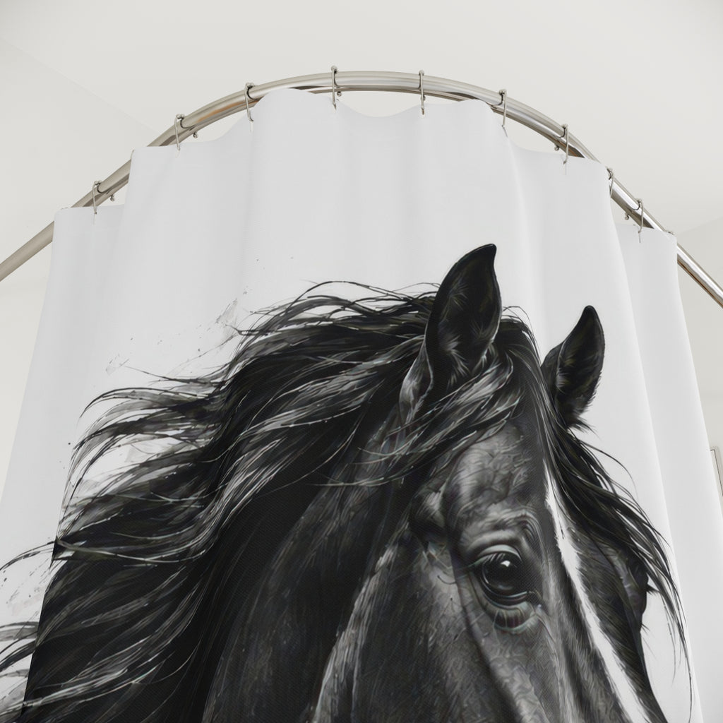Black horse portrait with a flowing mane on white shower curtain with close-up print, hooks, and folds