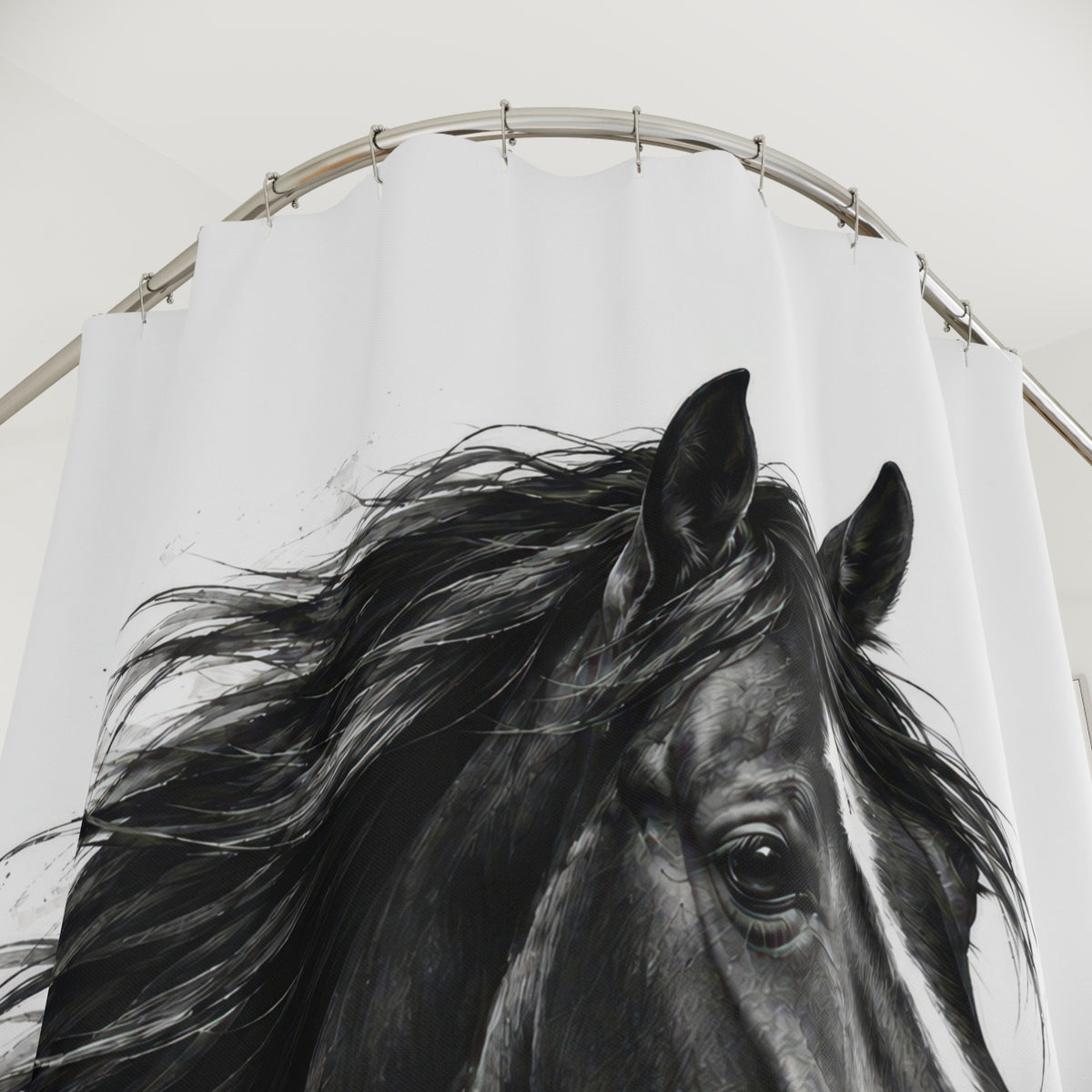 Black horse portrait with a flowing mane on white shower curtain with close-up print, hooks, and folds