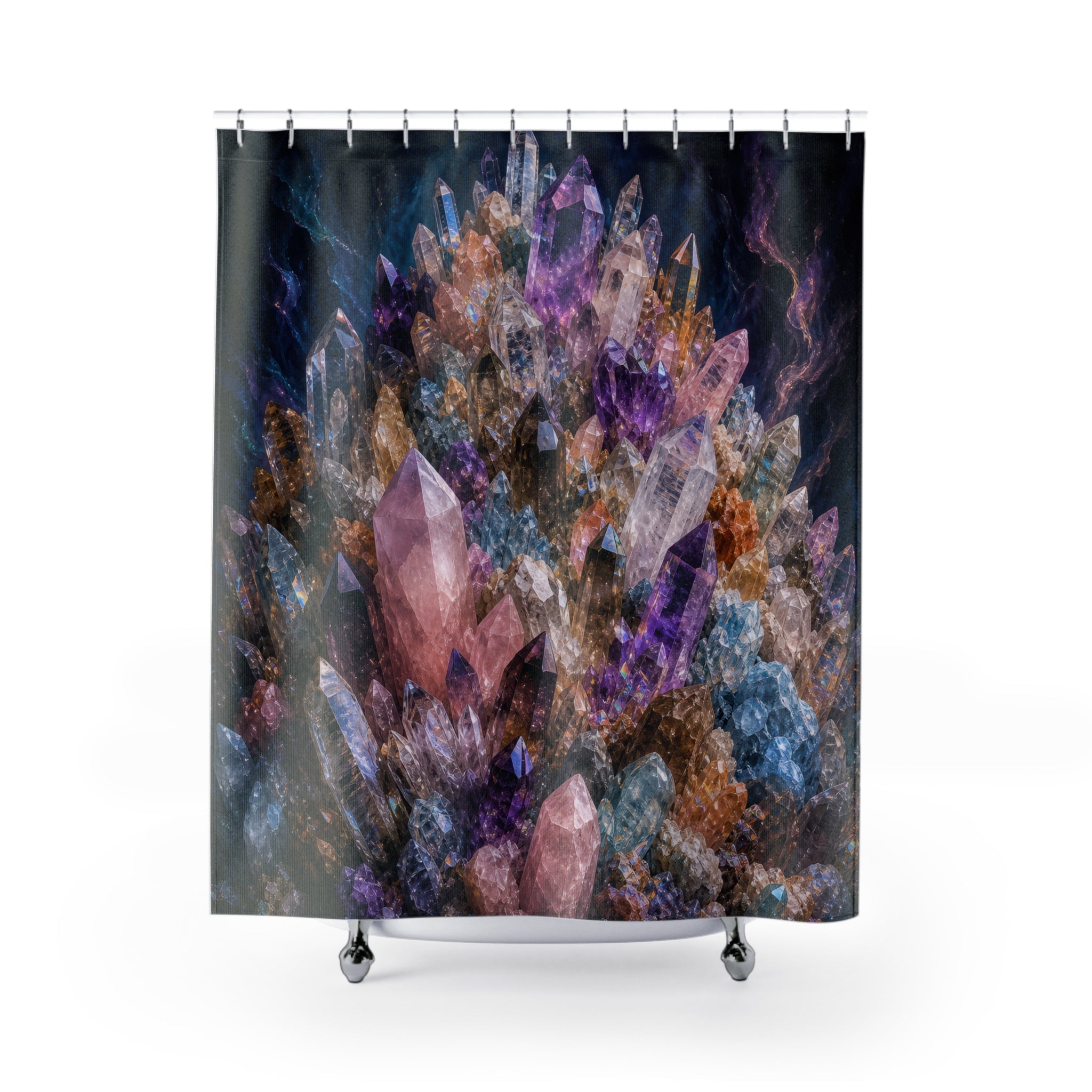 Unique Crystal Shower Curtain, Purple Amethyst Cluster Art, Dark Geode Bathroom Decor, Dramatic Mineral Guest Bath Accent Gift For Home