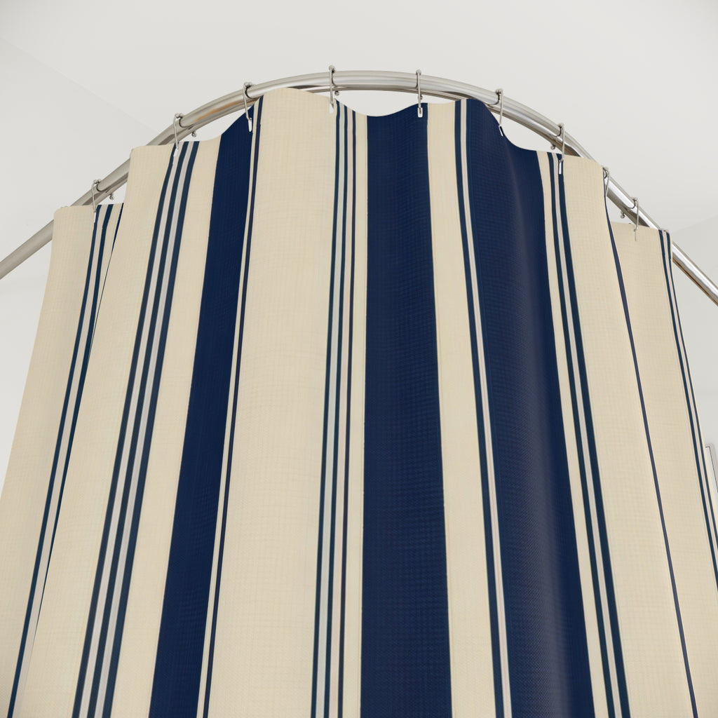 Navy Blue Cream Tan Stripe Shower Curtain