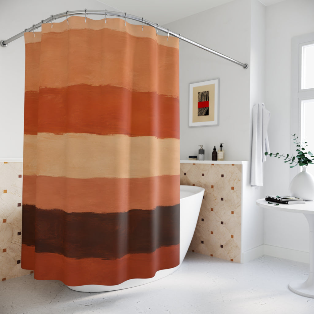 Painterly wide terracotta cream and umber horizontal stripes shower curtain beside a freestanding tub