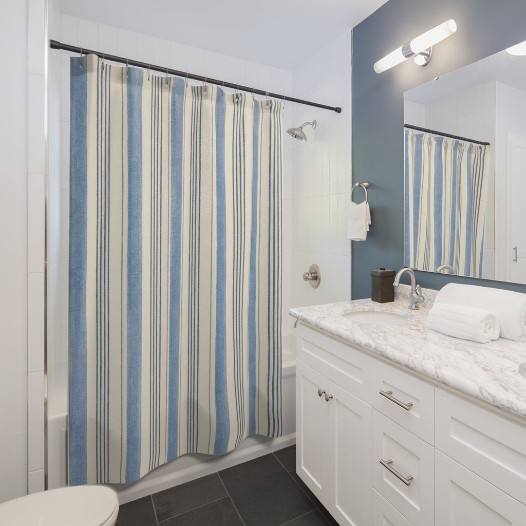 Faded Blue Ivory Ticking Stripe Shower Curtain