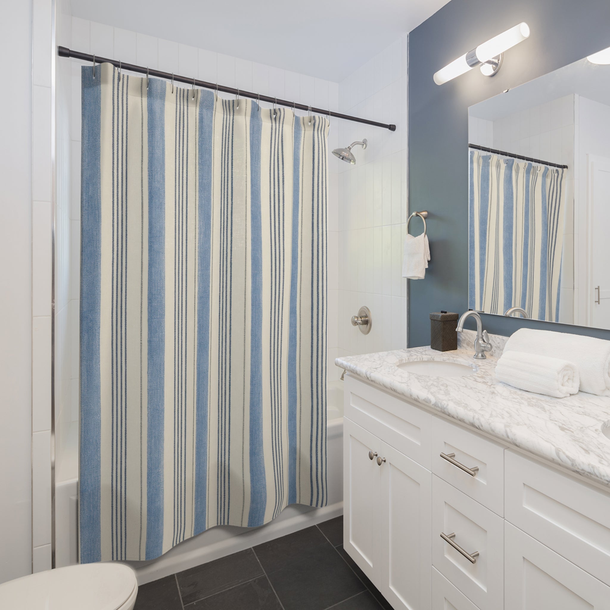 Faded Blue Ivory Ticking Stripe Shower Curtain