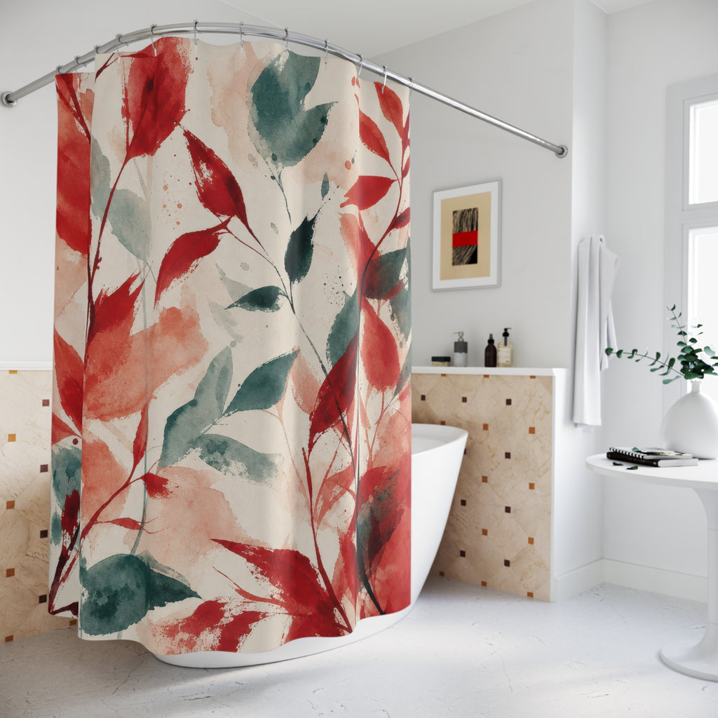 Teal Botanical Red Floral Shower Curtain