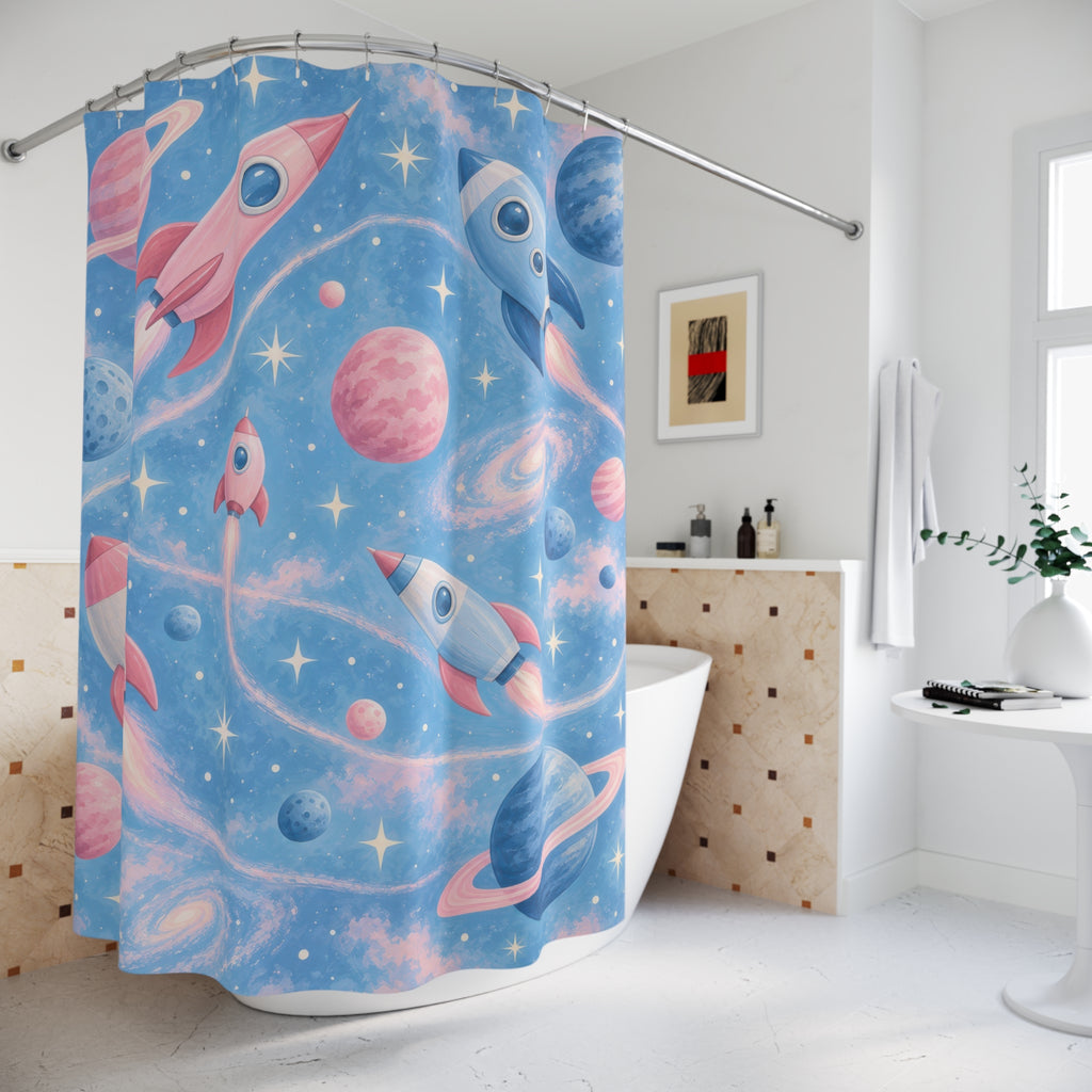 Pink and blue rockets and planets with ivory stars shower curtain beside a freestanding tub
