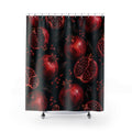 Ruby pomegranates and red seeds with black leaves shower curtain with full front view