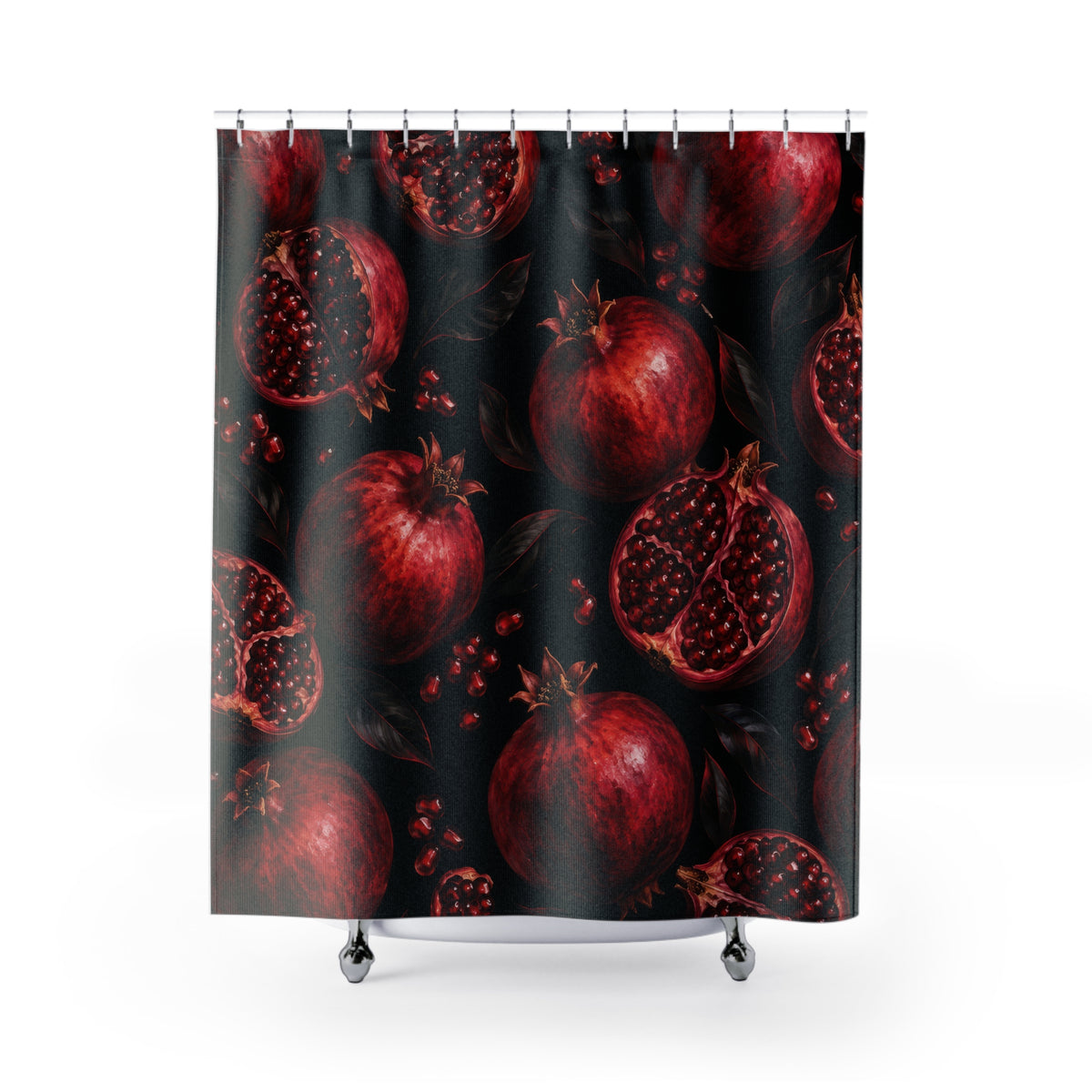 Ruby pomegranates and red seeds with black leaves shower curtain with full front view