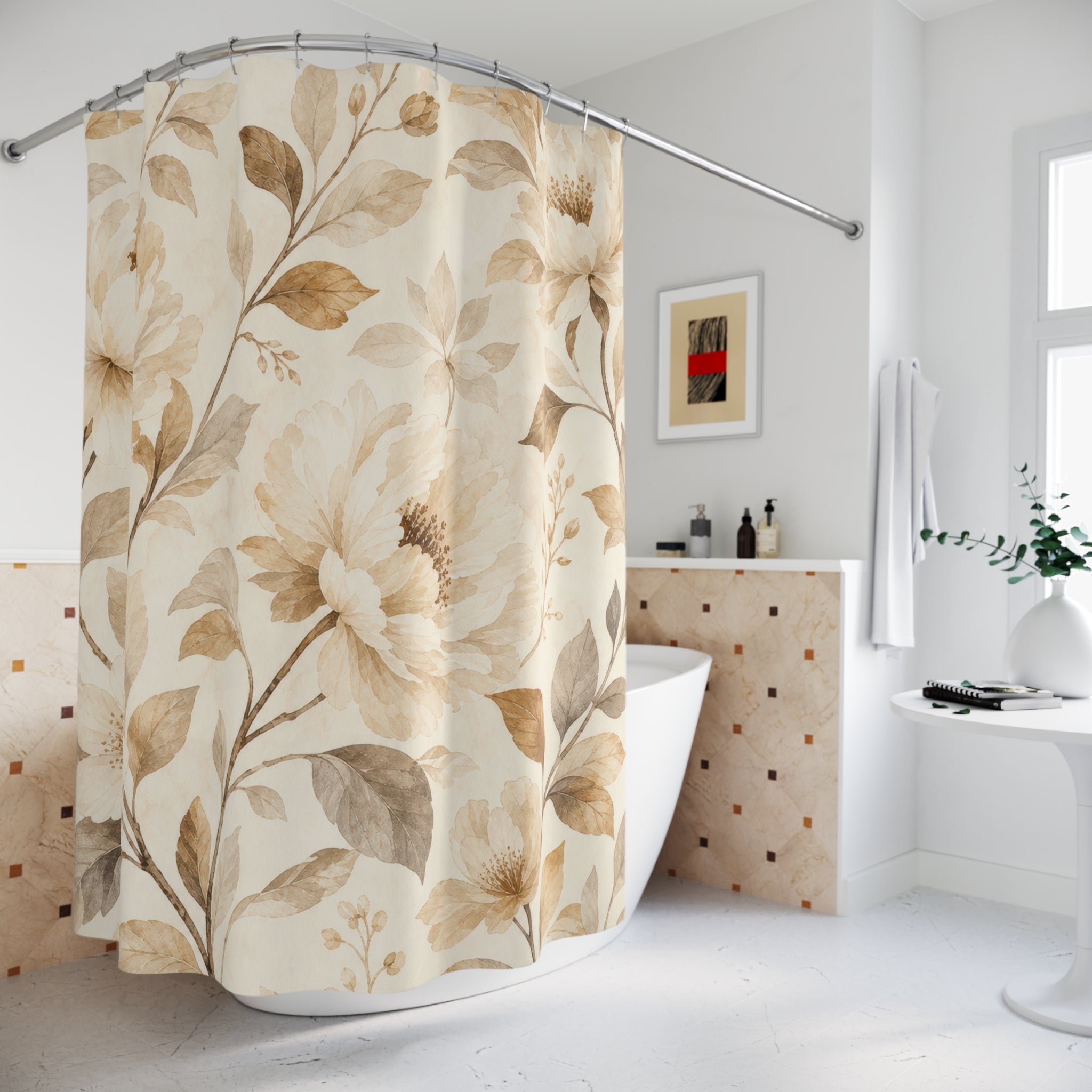 Cream Taupe Botanical Vine Shower Curtain