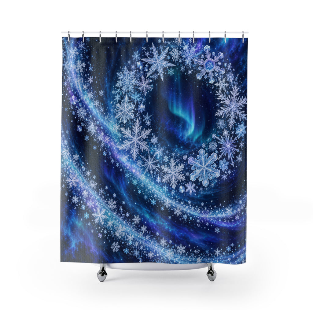 Snowflakes in blue and violet aurora light shower curtain with full front view