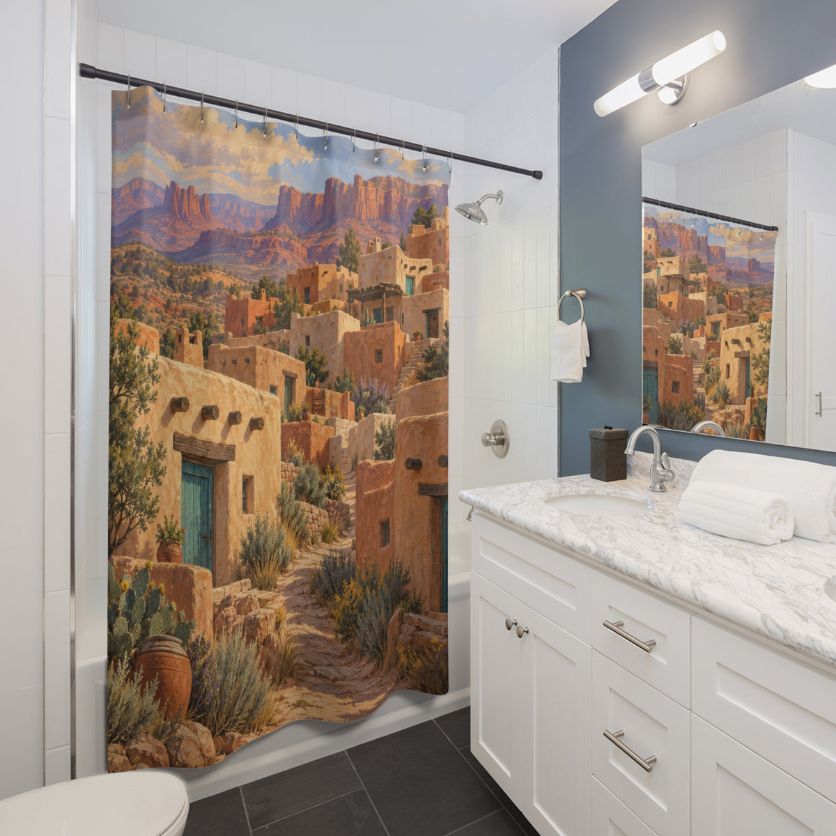 Warm adobe houses with turquoise doors and a stone path shower curtain beside a white vanity