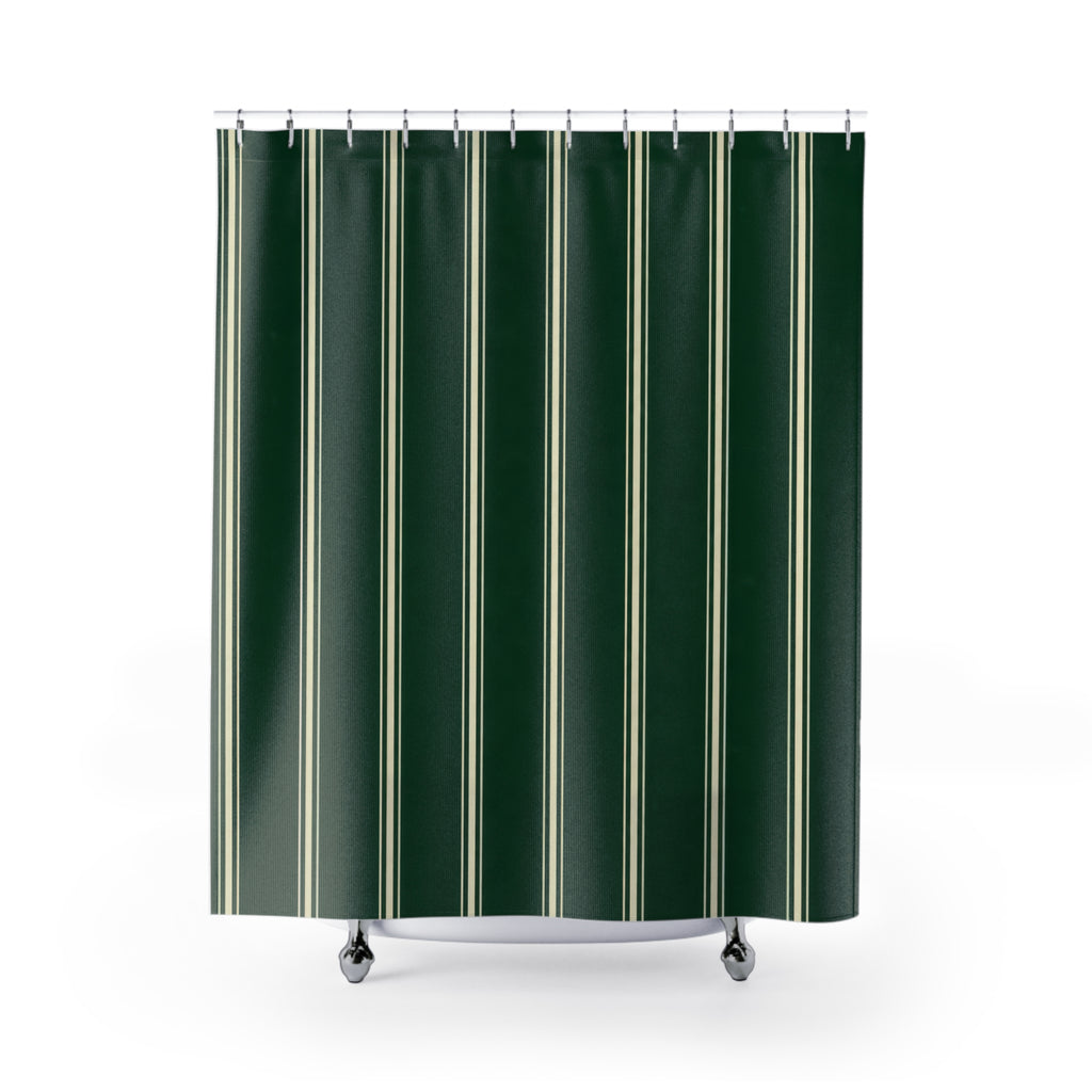 Forest Green Shower Curtain, Ticking Stripe Bath Decor, Dark Farmhouse Pinstripe Pattern, Guest Bathroom Style, Classic Green Stripe Style