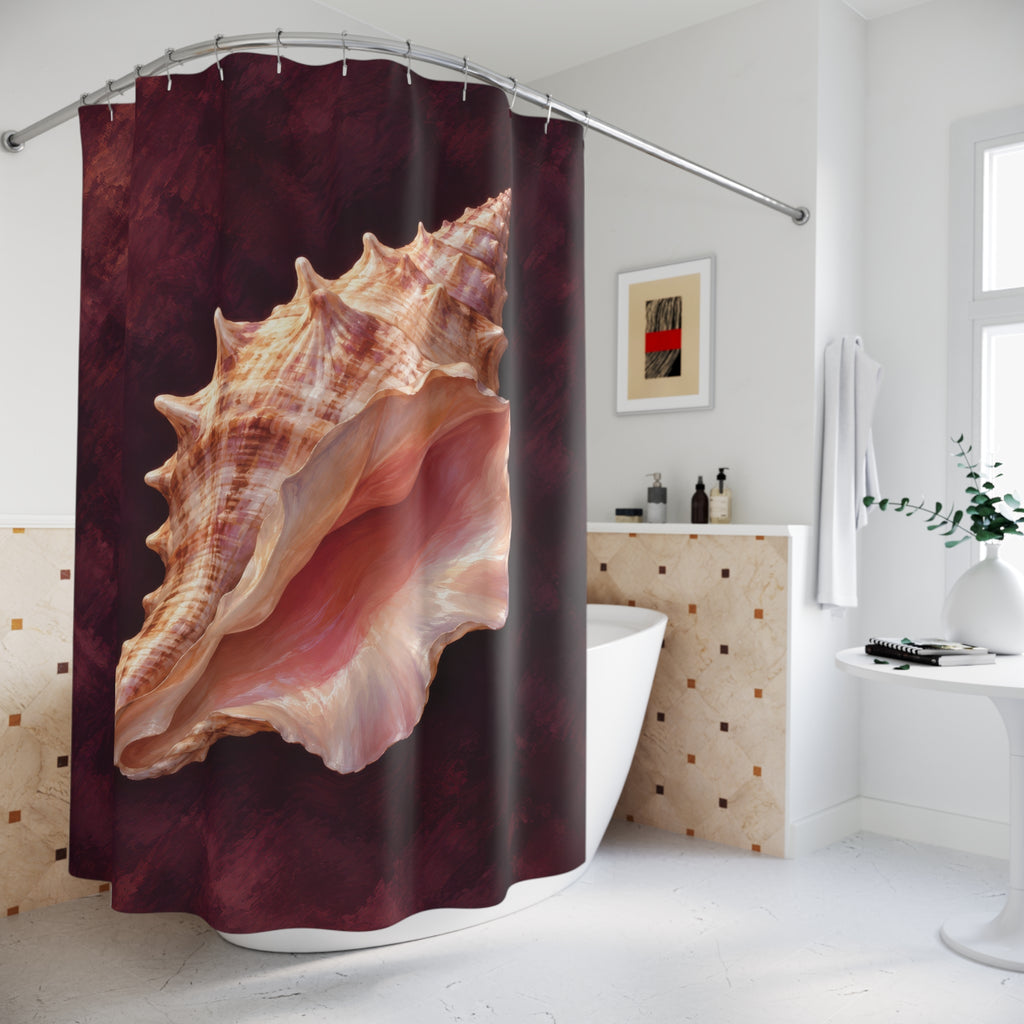 Peach conch shell with a pink opening on deep plum shower curtain beside a freestanding tub