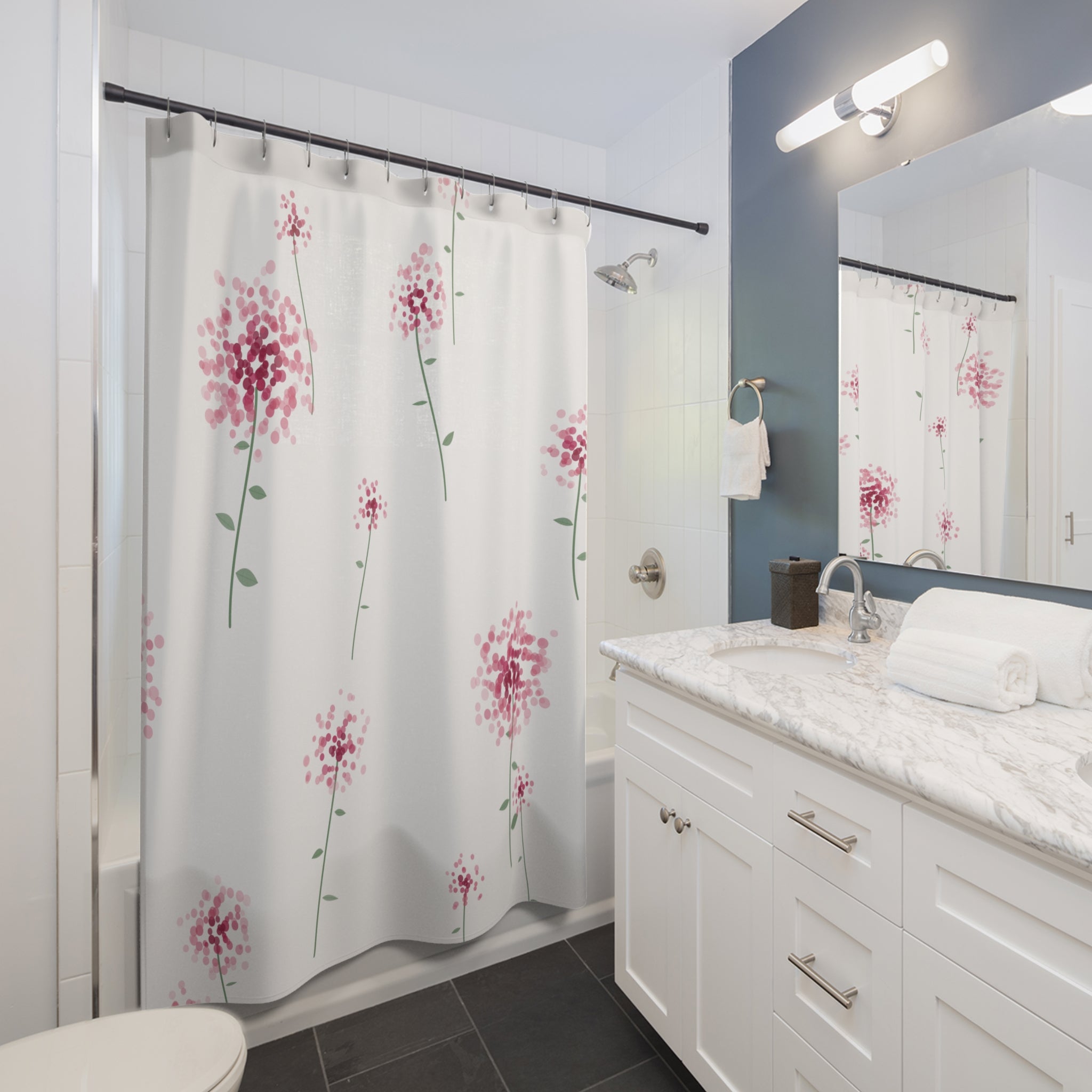 Pink Allium Floral Shower Curtain — Dot Clusters